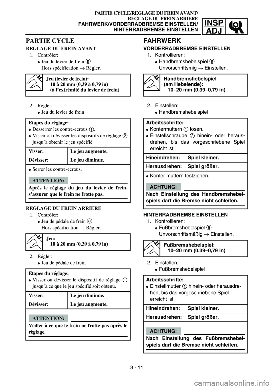 YAMAHA TTR90 2004  Owners Manual INSP
ADJ
PARTIE CYCLE/REGLAGE DU FREIN AVANT/
REGLAGE DU FREIN ARRIERE
FAHRWERK/VORDERRADBREMSE EINSTELLEN/
HINTERRADBREMSE EINSTELLEN
FAHRWERK
VORDERRADBREMSE EINSTELLEN
1. Kontrollieren:
Handbremsh