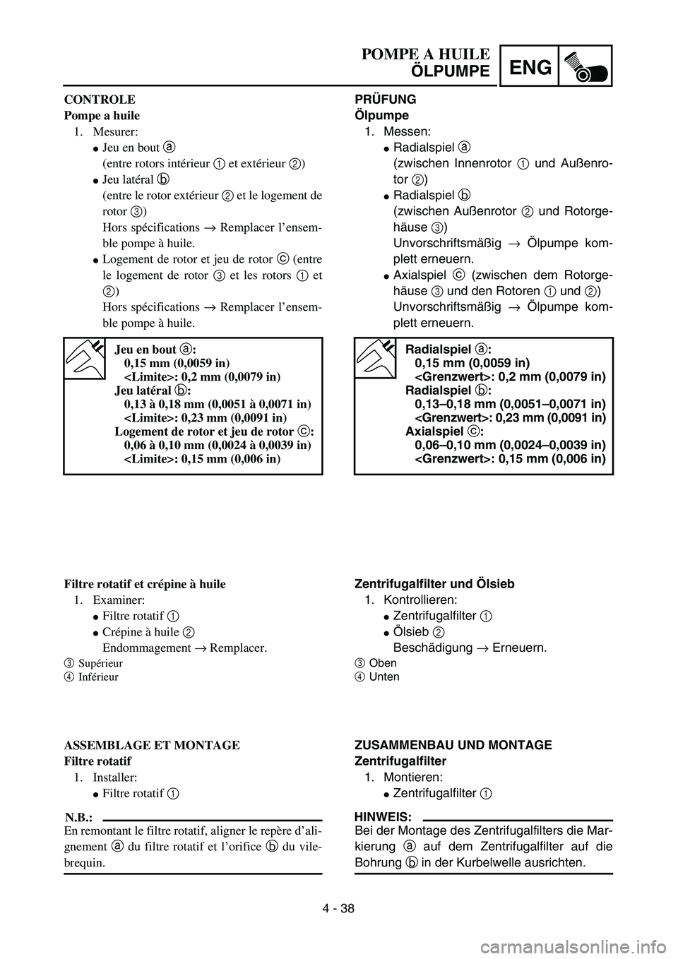 YAMAHA TTR90 2004  Owners Manual 4 - 38
ENG
POMPE A HUILE
ÖLPUMPE
PRÜFUNG
Ölpumpe
1. Messen:
Radialspiel a 
(zwischen Innenrotor 1 und Außenro-
tor 2)
Radialspiel b 
(zwischen Außenrotor 2 und Rotorge-
häuse 3)
Unvorschriftsm