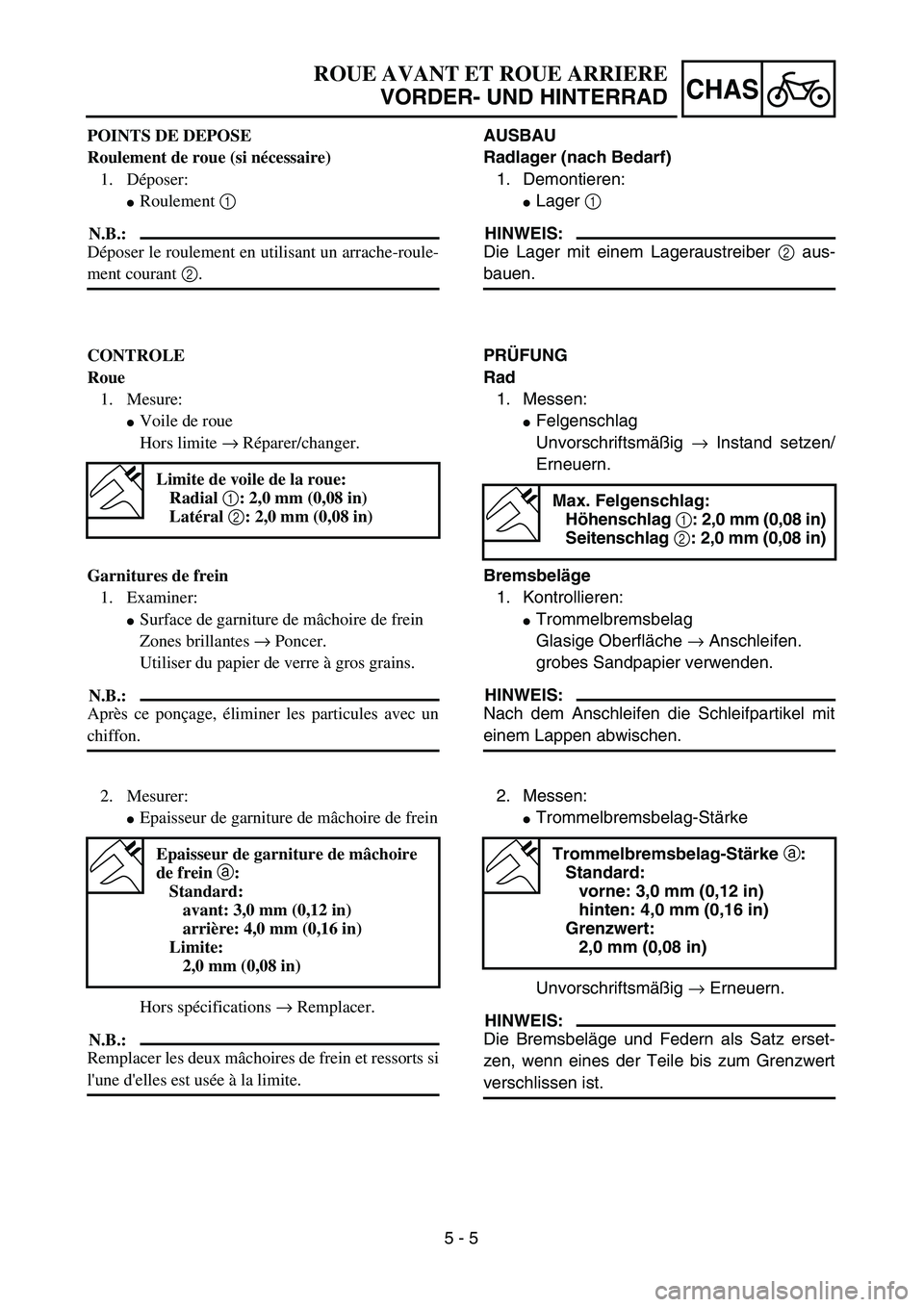 YAMAHA TTR90 2004  Owners Manual  
5 - 5
CHAS
 
ROUE AVANT ET ROUE ARRIERE 
VORDER- UND HINTERRAD 
AUSBAU
Radlager (nach Bedarf) 
1. Demontieren: 
 
Lager  
1 
 
HINWEIS:
 
Die Lager mit einem Lageraustreiber  
2  
 aus- 
bauen. 
PR