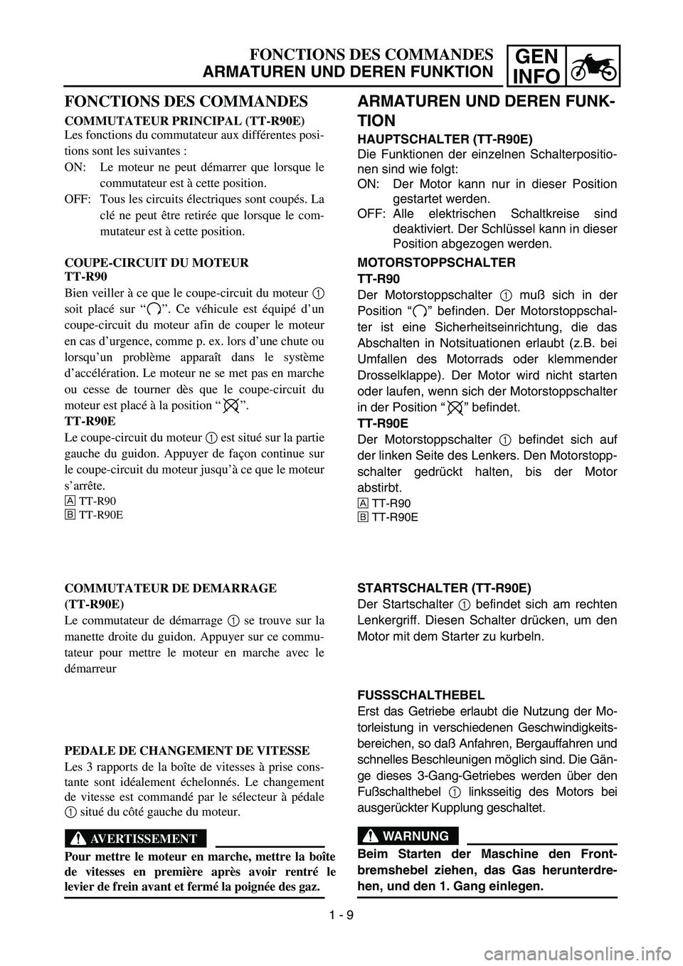 YAMAHA TTR90 2004 Owners Manual GEN
INFOFONCTIONS DES COMMANDES
ARMATUREN UND DEREN FUNKTION
ARMATUREN UND DEREN FUNK-
TION
HAUPTSCHALTER (TT-R90E)
Die Funktionen der einzelnen Schalterpositio-
nen sind wie folgt:
ON: Der Motor kann YAMAHA TTR90 2004 Owners Manual GEN
INFOFONCTIONS DES COMMANDES
ARMATUREN UND DEREN FUNKTION
ARMATUREN UND DEREN FUNK-
TION
HAUPTSCHALTER (TT-R90E)
Die Funktionen der einzelnen Schalterpositio-
nen sind wie folgt:
ON: Der Motor kann