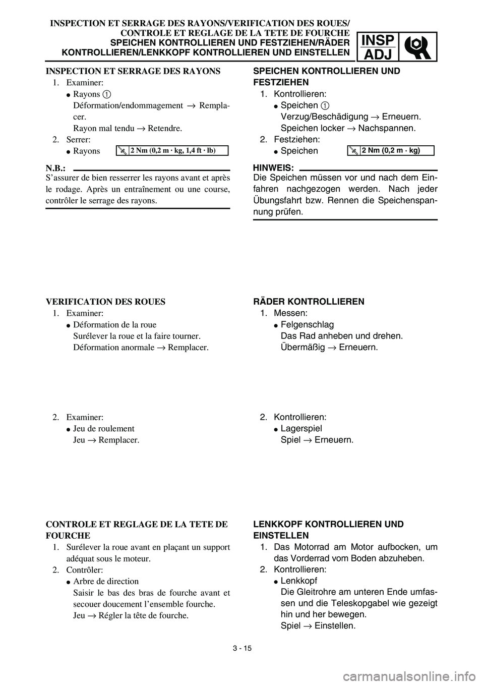 YAMAHA TTR90 2003  Owners Manual INSP
ADJ
 
INSPECTION ET SERRAGE DES RAYONS/VERIFICATION DES ROUES/
CONTROLE ET REGLAGE DE LA TETE DE FOURCHE 
SPEICHEN KONTROLLIEREN UND FESTZIEHEN/RÄDER
KONTROLLIEREN/LENKKOPF KONTROLLIEREN UND EIN