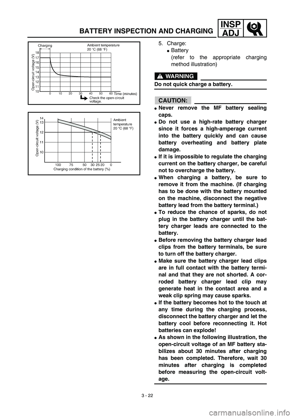 YAMAHA TTR90 2003  Owners Manual 3 - 22
INSP
ADJ
BATTERY INSPECTION AND CHARGING
5. Charge: 
Battery 
(refer to the appropriate charging
method illustration)
WARNING
Do not quick charge a battery. 
CAUTION:
Never remove the MF batt