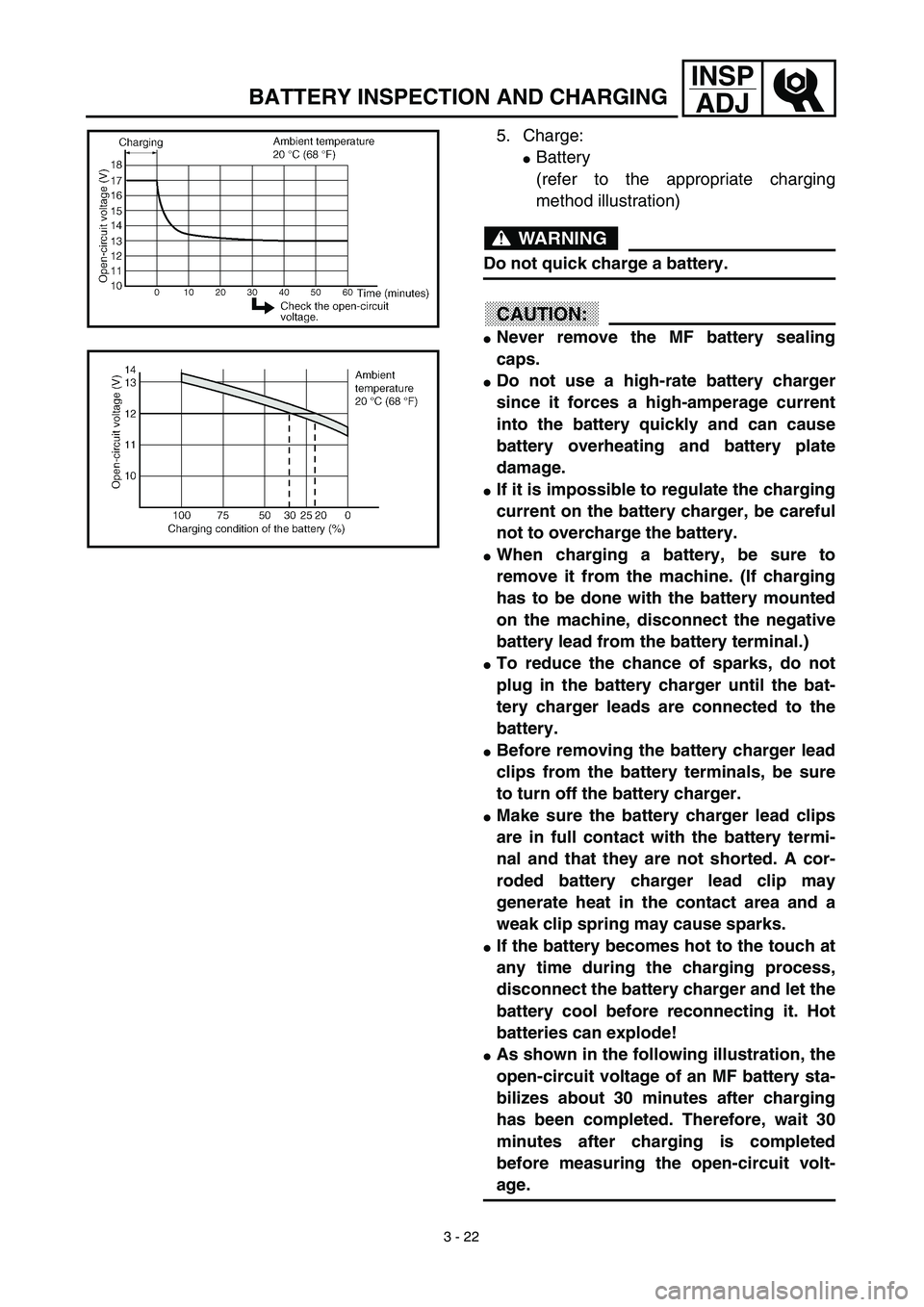 YAMAHA TTR90 2003  Owners Manual 3 - 22
INSP
ADJ
BATTERY INSPECTION AND CHARGING
5. Charge: 
Battery 
(refer to the appropriate charging
method illustration)
WARNING
Do not quick charge a battery. 
CAUTION:
Never remove the MF batt