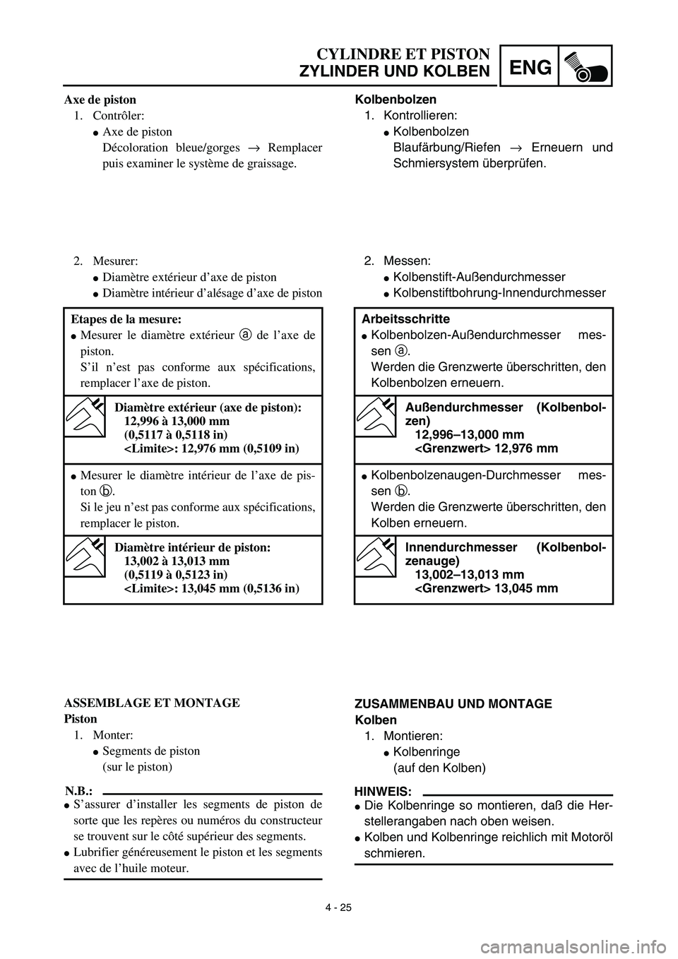 YAMAHA TTR90 2003  Owners Manual  
4 - 25
ENG
 
CYLINDRE ET PISTON  
ZYLINDER UND KOLBEN 
Kolbenbolzen  
1. Kontrollieren: 
 
Kolbenbolzen
Blaufärbung/Riefen   
→  
 Erneuern und
Schmiersystem überprüfen.
2. Messen: 
 
Kolbens