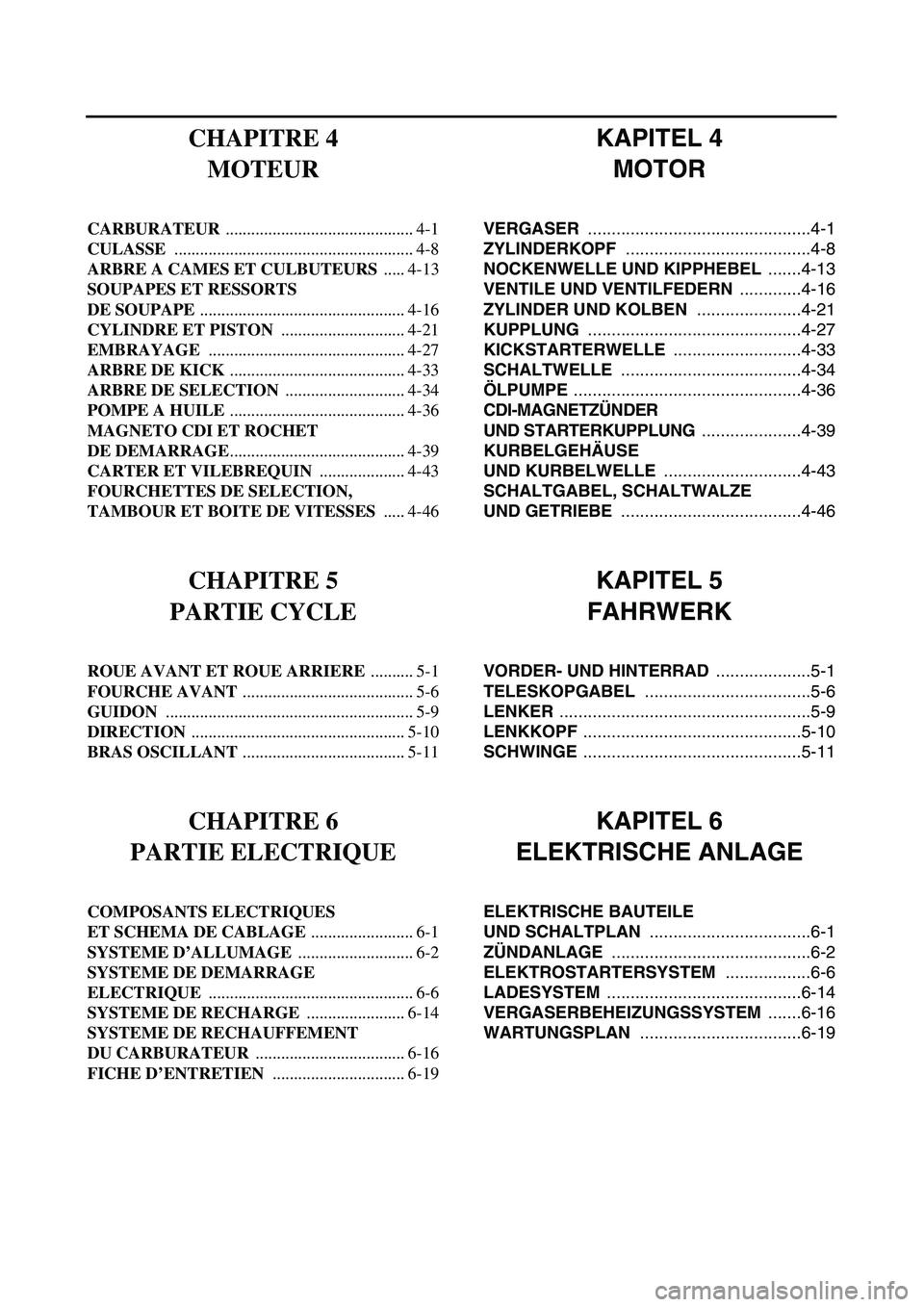 YAMAHA TTR90 2003 Owners Manual  
KAPITEL 4
MOTOR 
VERGASER   
...............................................4-1  
ZYLINDERKOPF   
.......................................4-8  
NOCKENWELLE UND KIPPHEBEL  
 .......4-13  
VENTILE UND 