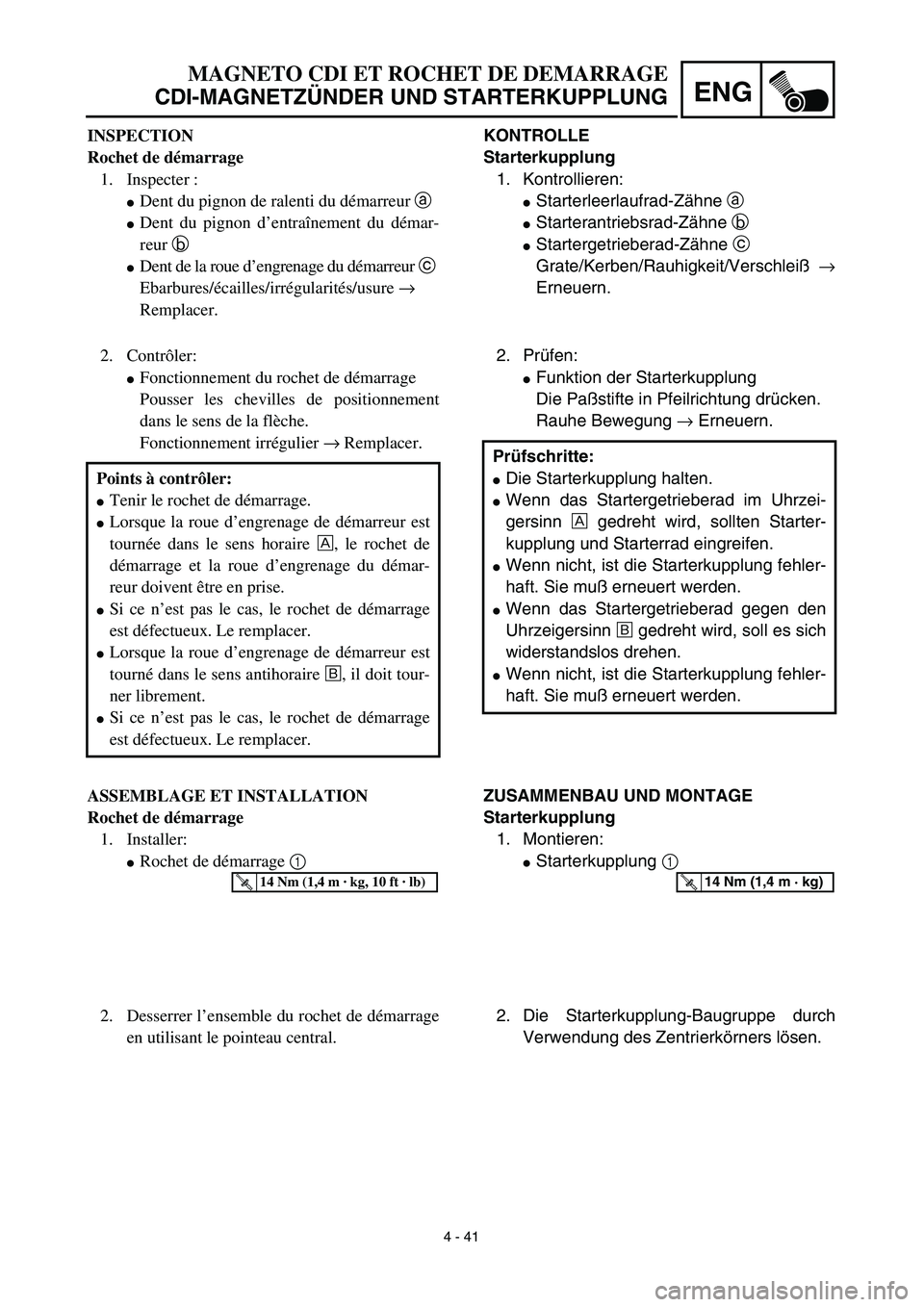 YAMAHA TTR90 2003  Owners Manual 4 - 41
ENG
KONTROLLE
Starterkupplung
1. Kontrollieren:
Starterleerlaufrad-Zähne a 
Starterantriebsrad-Zähne b 
Startergetrieberad-Zähne c 
Grate/Kerben/Rauhigkeit/Verschleiß →
Erneuern.
2. Pr