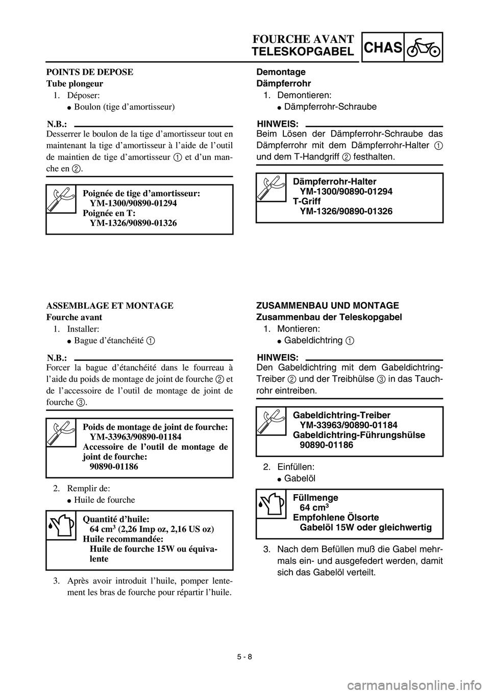 YAMAHA TTR90 2003  Owners Manual 5 - 8
CHAS
Demontage
Dämpferrohr
1. Demontieren:
Dämpferrohr-Schraube
HINWEIS:
Beim Lösen der Dämpferrohr-Schraube das
Dämpferrohr mit dem Dämpferrohr-Halter 1
und dem T-Handgriff 2 festhalten.