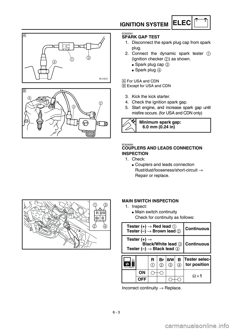 YAMAHA TTR90 2003 User Guide  
6 - 3
–+ELEC
 
IGNITION SYSTEM 
EC622001 
SPARK GAP TEST 
1. Disconnect the spark plug cap from spark
plug.
2. Connect the dynamic spark tester  
1  
(ignition checker  
2  
) as shown. 
 
Spark 