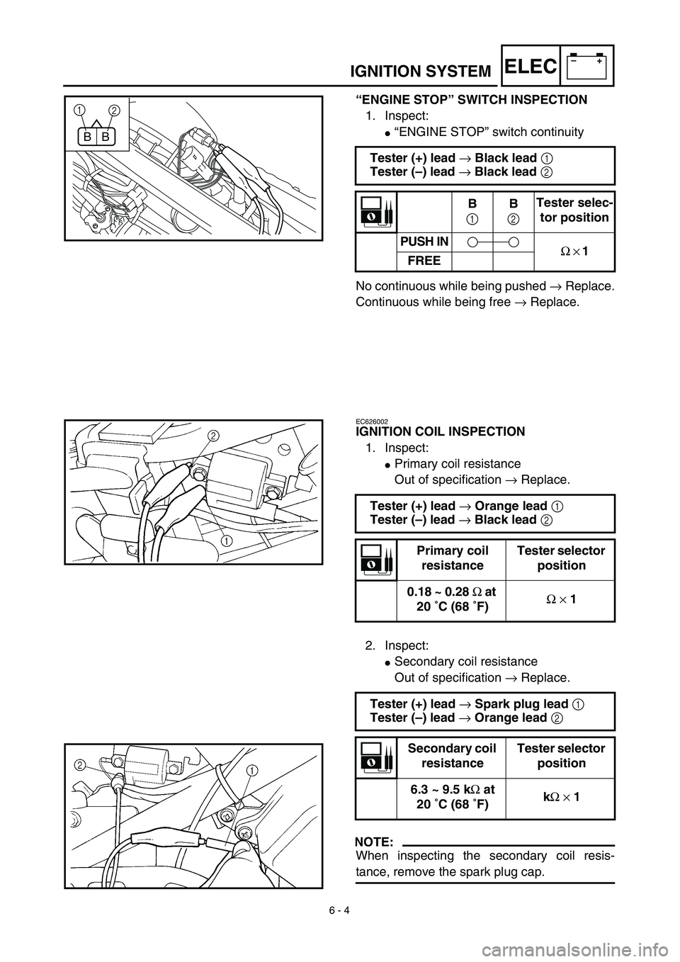 YAMAHA TTR90 2003  Owners Manual 6 - 4
–+ELECIGNITION SYSTEM
“ENGINE STOP” SWITCH INSPECTION
1. Inspect:
“ENGINE STOP” switch continuity
No continuous while being pushed → Replace.
Continuous while being free → Replace