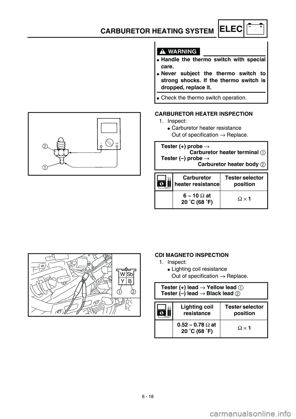 YAMAHA TTR90 2003  Owners Manual 6 - 18
–+ELECCARBURETOR HEATING SYSTEM
WARNING
Handle the thermo switch with special
care.
Never subject the thermo switch to
strong shocks. If the thermo switch is
dropped, replace it.
Check the