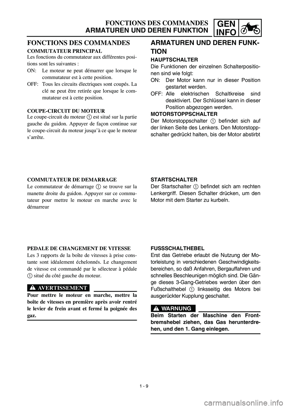 YAMAHA TTR90 2003 Owners Manual GEN
INFOFONCTIONS DES COMMANDES
ARMATUREN UND DEREN FUNKTION
ARMATUREN UND DEREN FUNK-
TION
HAUPTSCHALTER
Die Funktionen der einzelnen Schalterpositio-
nen sind wie folgt:
ON: Der Motor kann nur in di YAMAHA TTR90 2003 Owners Manual GEN
INFOFONCTIONS DES COMMANDES
ARMATUREN UND DEREN FUNKTION
ARMATUREN UND DEREN FUNK-
TION
HAUPTSCHALTER
Die Funktionen der einzelnen Schalterpositio-
nen sind wie folgt:
ON: Der Motor kann nur in di