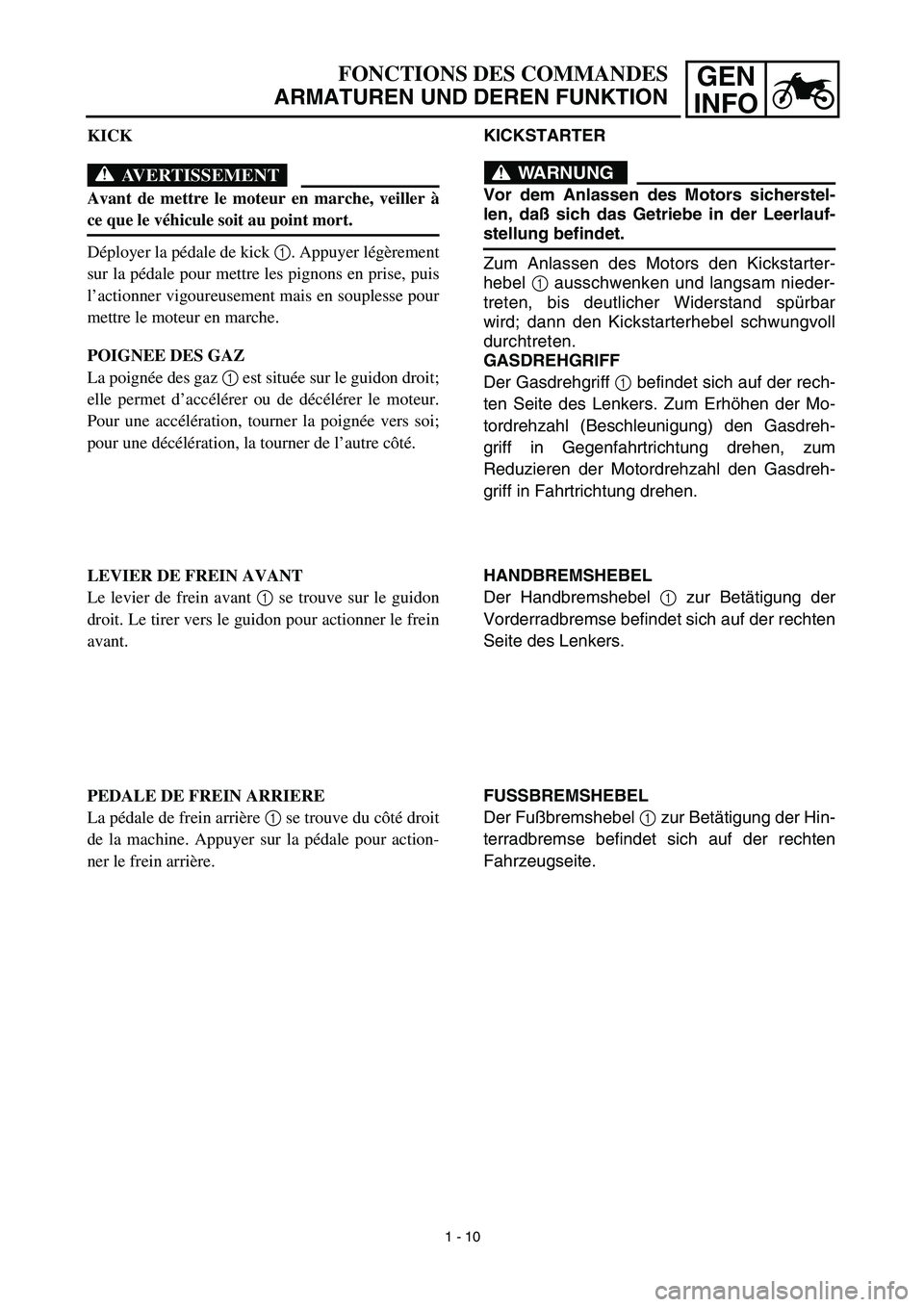 YAMAHA TTR90 2003 Service Manual GEN
INFOFONCTIONS DES COMMANDES
ARMATUREN UND DEREN FUNKTION
KICKSTARTER
WARNUNG
Vor dem Anlassen des Motors sicherstel-
len, daß sich das Getriebe in der Leerlauf-
stellung befindet.
Zum Anlassen de