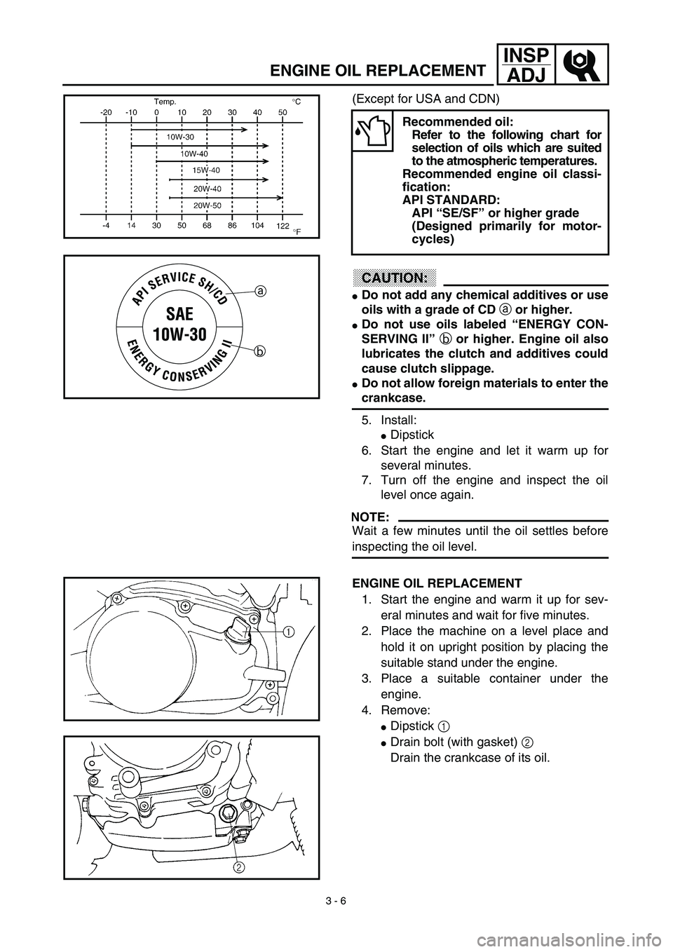 YAMAHA TTR90 2003  Notices Demploi (in French) 3 - 6
INSP
ADJ
ENGINE OIL REPLACEMENT
(Except for USA and CDN)
CAUTION:
Do not add any chemical additives or use
oils with a grade of CD a or higher.
Do not use oils labeled “ENERGY CON-
SERVING I