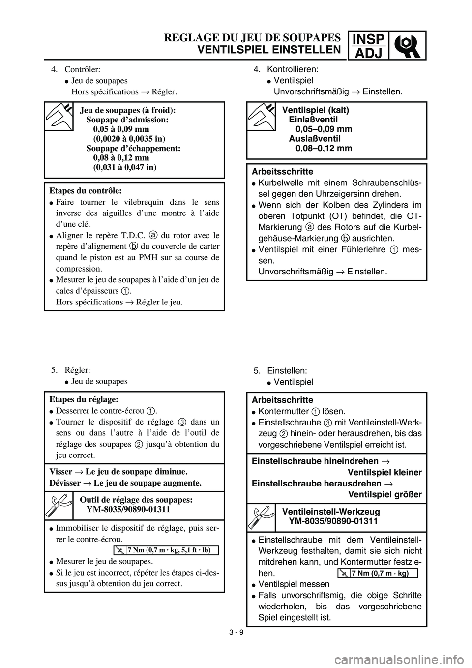 YAMAHA TTR90 2003  Notices Demploi (in French) INSP
ADJREGLAGE DU JEU DE SOUPAPES
VENTILSPIEL EINSTELLEN
4. Kontrollieren:
Ventilspiel
Unvorschriftsmäßig → Einstellen. 
5. Einstellen:
Ventilspiel
Ventilspiel (kalt)
Einlaßventil
0,05–0,09 