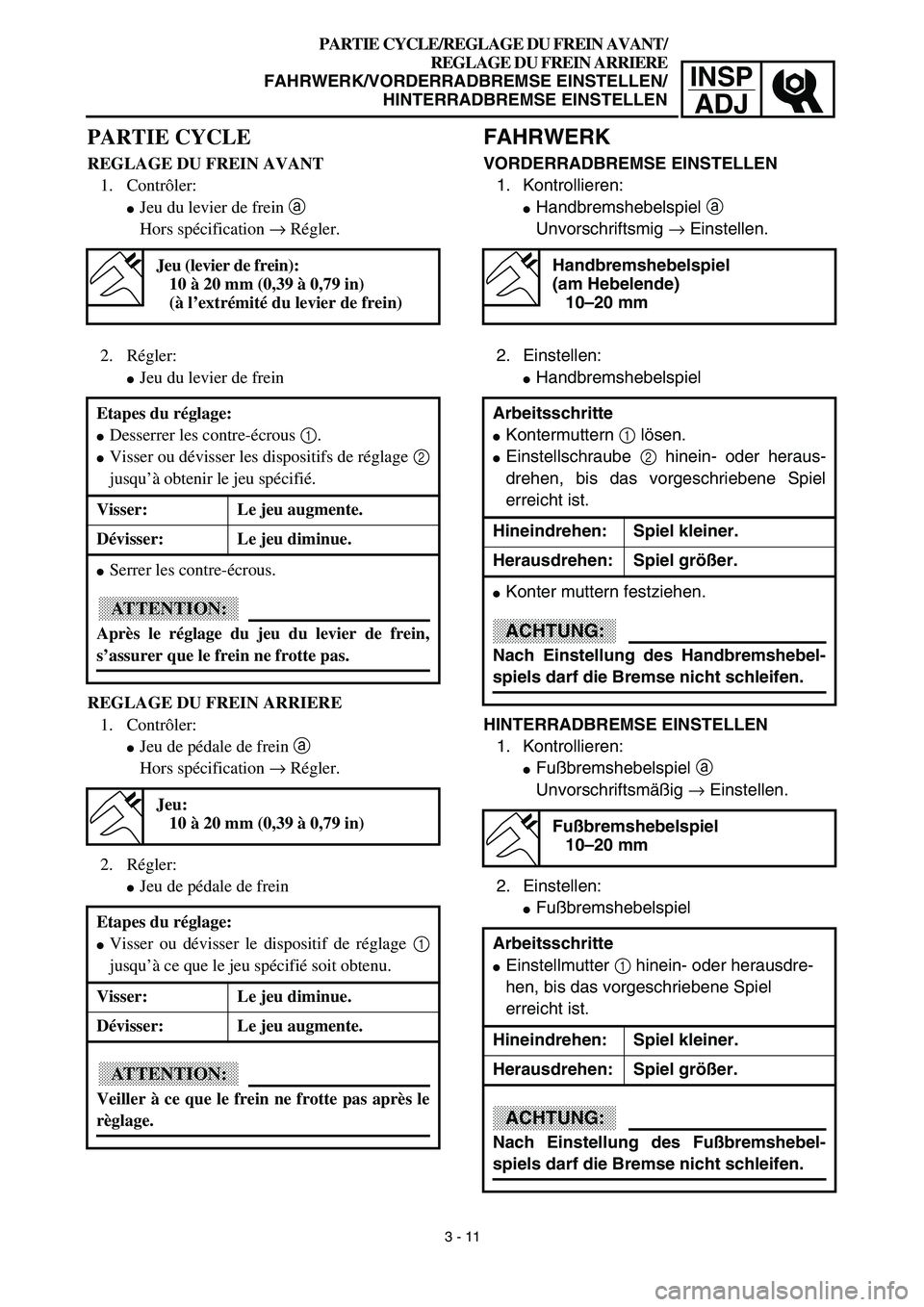 YAMAHA TTR90 2003  Notices Demploi (in French) INSP
ADJ
PARTIE CYCLE/REGLAGE DU FREIN AVANT/
REGLAGE DU FREIN ARRIERE
FAHRWERK/VORDERRADBREMSE EINSTELLEN/
HINTERRADBREMSE EINSTELLEN
FAHRWERK
VORDERRADBREMSE EINSTELLEN
1. Kontrollieren:
Handbremsh