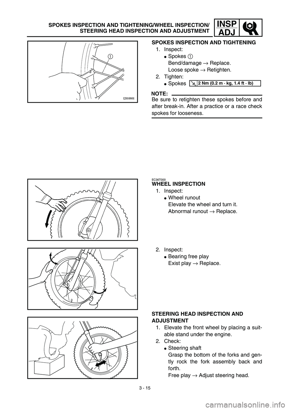 YAMAHA TTR90 2003  Betriebsanleitungen (in German) 3 - 15
INSP
ADJSPOKES INSPECTION AND TIGHTENING/WHEEL INSPECTION/
STEERING HEAD INSPECTION AND ADJUSTMENT
SPOKES INSPECTION AND TIGHTENING
1. Inspect:
Spokes 1 
Bend/damage → Replace.
Loose spoke �