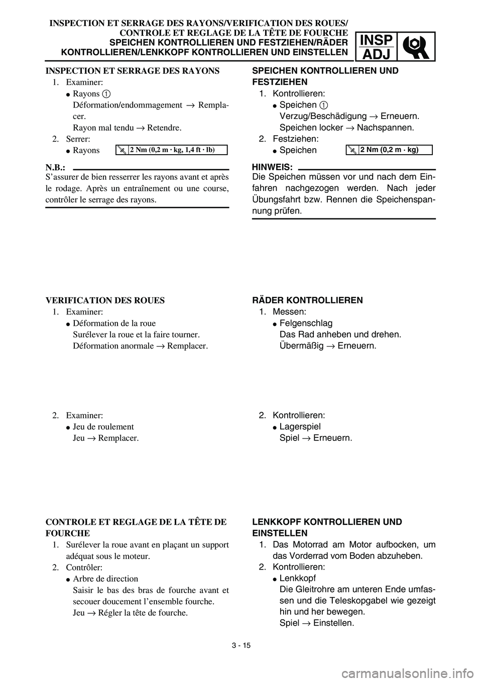 YAMAHA TTR90 2003  Notices Demploi (in French) INSP
ADJ
INSPECTION ET SERRAGE DES RAYONS/VERIFICATION DES ROUES/
CONTROLE ET REGLAGE DE LA TÊTE DE FOURCHE
SPEICHEN KONTROLLIEREN UND FESTZIEHEN/RÄDER
KONTROLLIEREN/LENKKOPF KONTROLLIEREN UND EINST