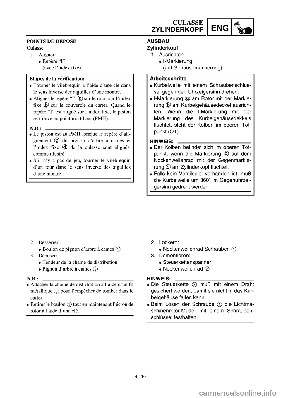 YAMAHA TTR90 2003  Notices Demploi (in French) 4 - 10
ENG
CULASSE
ZYLINDERKOPF
AUSBAU
Zylinderkopf
1. Ausrichten:
I-Markierung
(auf Gehäusemarkierung)
Arbeitsschritte
Kurbelwelle mit einem Schraubenschlüs-
sel gegen den Uhrzeigersinn drehen.
