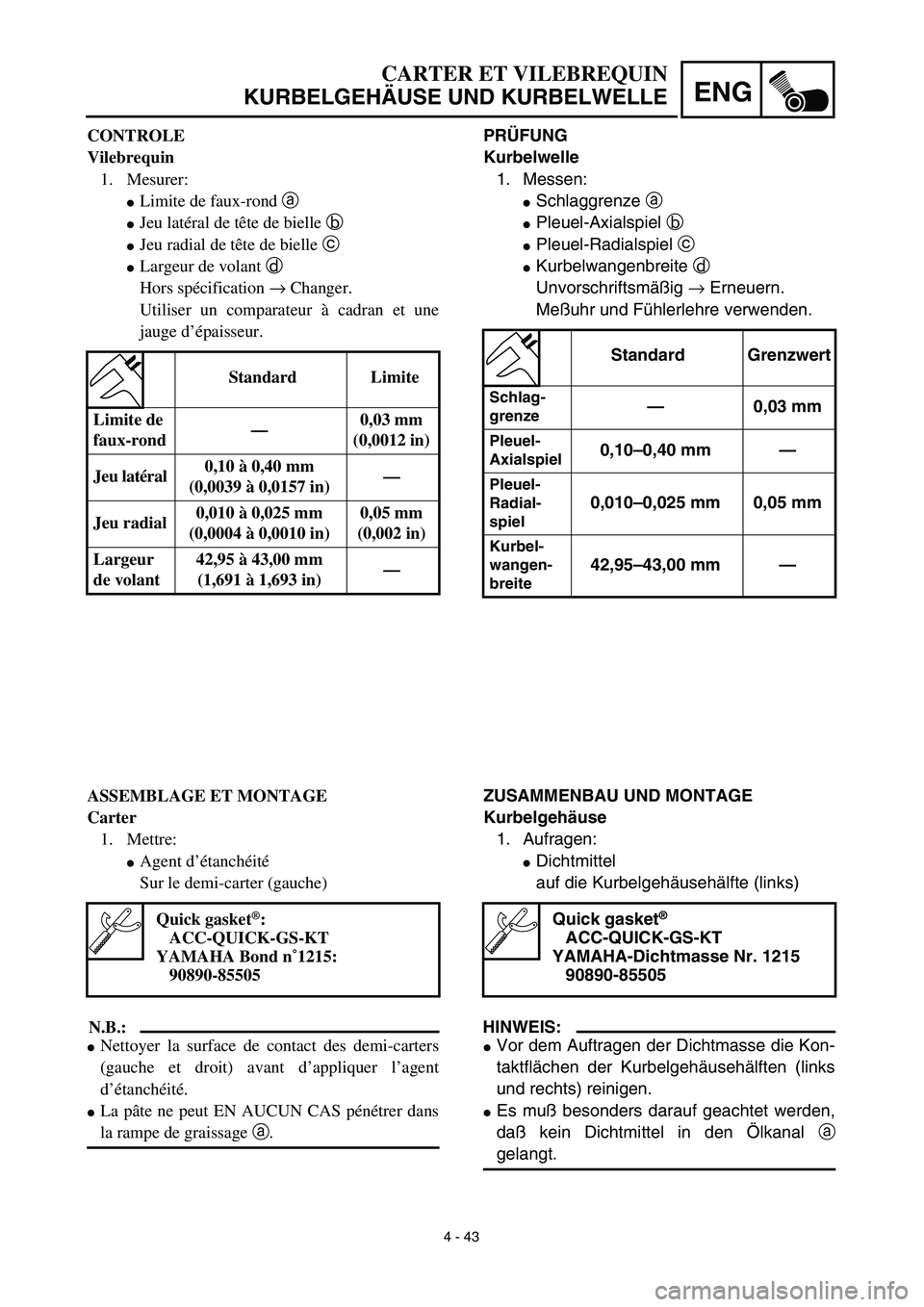 YAMAHA TTR90 2003  Notices Demploi (in French) 4 - 43
ENG
CARTER ET VILEBREQUIN
KURBELGEHÄUSE UND KURBELWELLE
PRÜFUNG
Kurbelwelle
1. Messen:
Schlaggrenze a 
Pleuel-Axialspiel b 
Pleuel-Radialspiel c 
Kurbelwangenbreite d 
Unvorschriftsmäßi