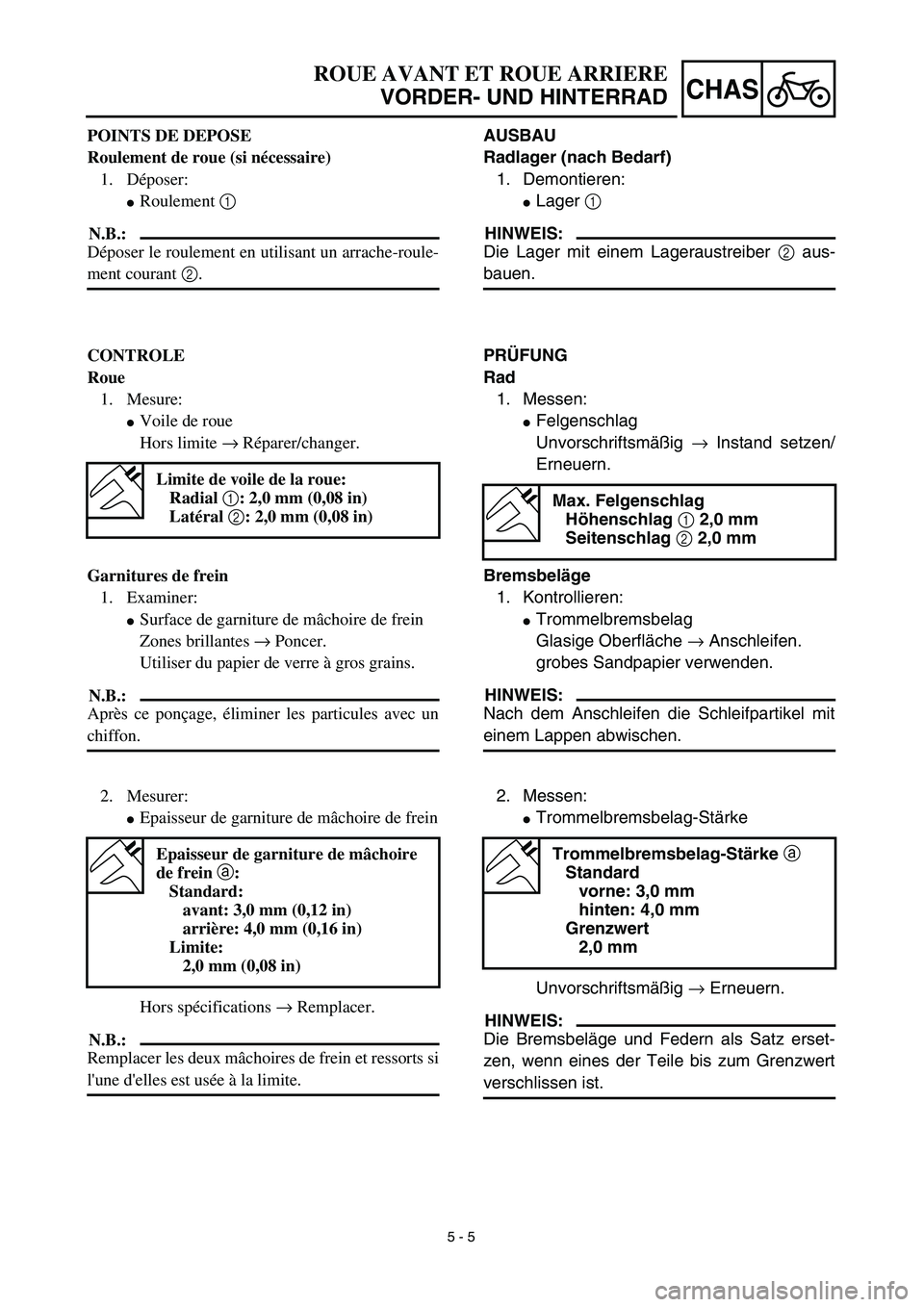 YAMAHA TTR90 2003  Notices Demploi (in French) 5 - 5
CHAS
ROUE AVANT ET ROUE ARRIERE
VORDER- UND HINTERRAD
AUSBAU
Radlager (nach Bedarf)
1. Demontieren:
Lager 1 
HINWEIS:
Die Lager mit einem Lageraustreiber 2 aus-
bauen.
PRÜFUNG
Rad
1. Messen:
