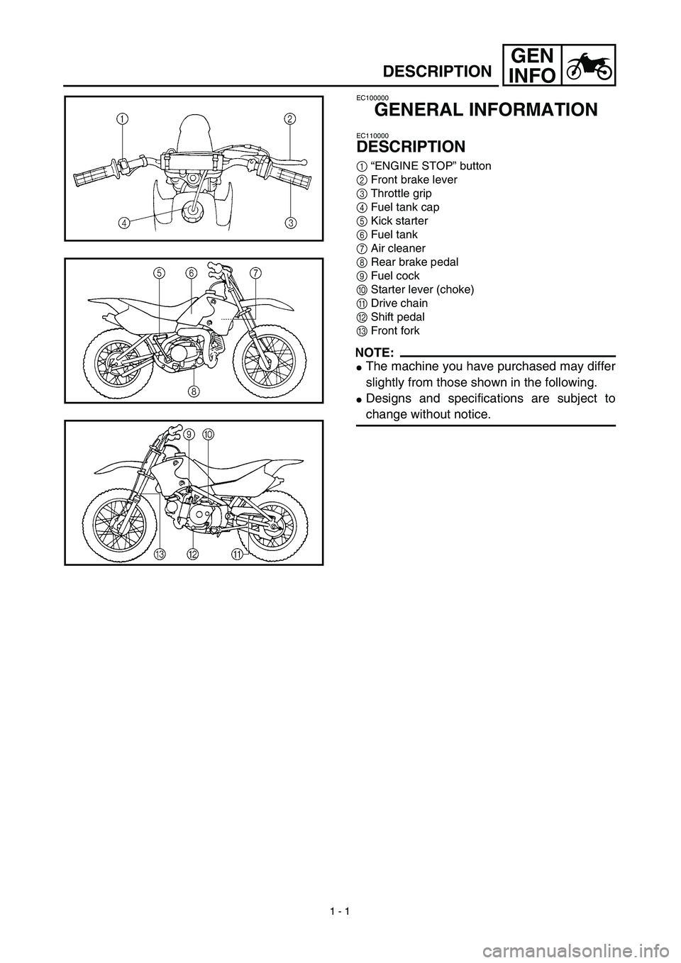YAMAHA TTR90 2003 Notices Demploi (in French) 1 - 1
GEN
INFO
DESCRIPTION
EC100000
GENERAL INFORMATION
EC110000
DESCRIPTION
1“ENGINE STOP” button
2Front brake lever
3Throttle grip
4Fuel tank cap
5Kick starter
6Fuel tank
7Air cleaner
8Rear brak YAMAHA TTR90 2003 Notices Demploi (in French) 1 - 1
GEN
INFO
DESCRIPTION
EC100000
GENERAL INFORMATION
EC110000
DESCRIPTION
1“ENGINE STOP” button
2Front brake lever
3Throttle grip
4Fuel tank cap
5Kick starter
6Fuel tank
7Air cleaner
8Rear brak