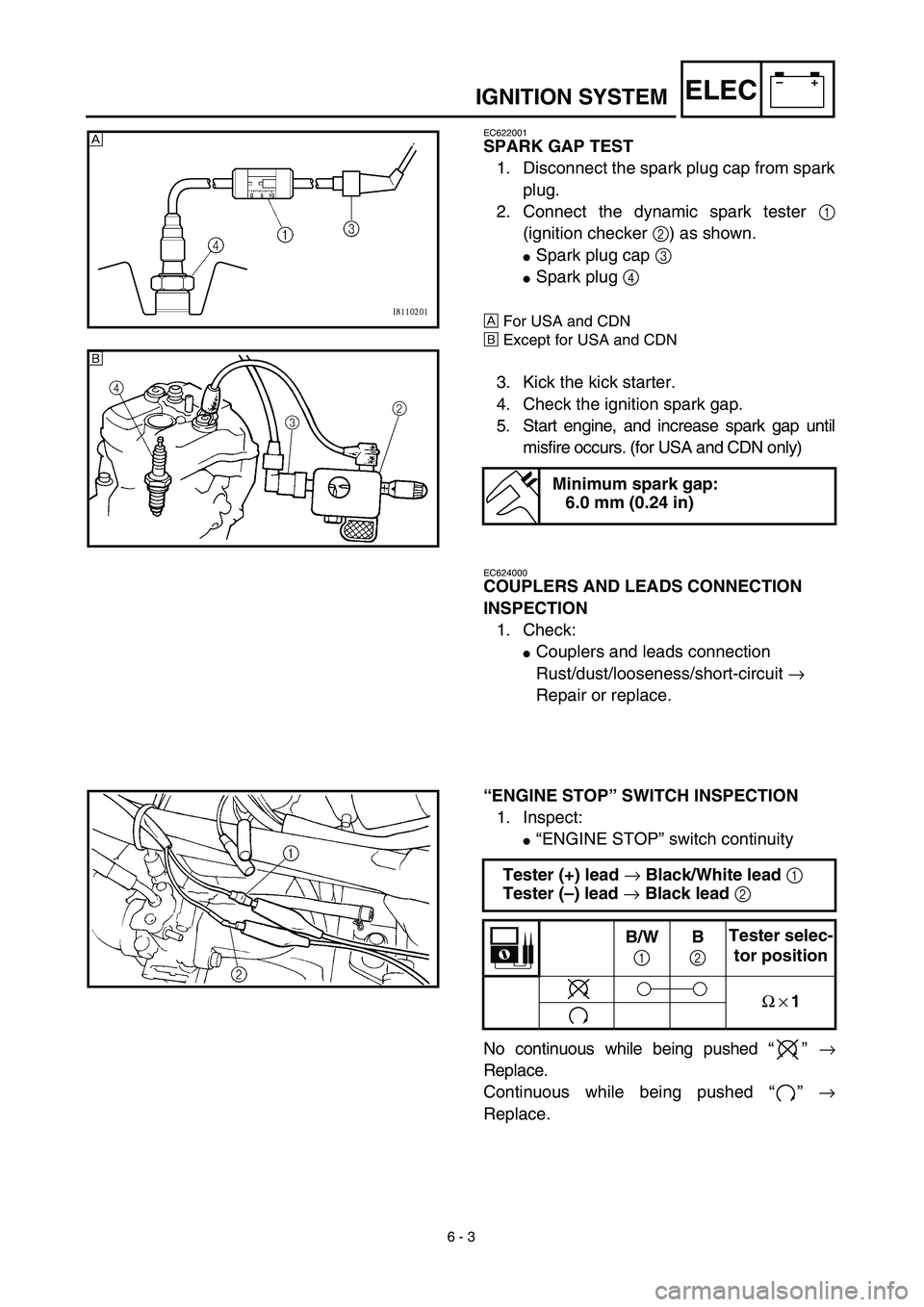 YAMAHA TTR90 2003  Notices Demploi (in French) 6 - 3
–+ELECIGNITION SYSTEM
EC622001
SPARK GAP TEST
1. Disconnect the spark plug cap from spark
plug.
2. Connect the dynamic spark tester 1
(ignition checker 2) as shown.
Spark plug cap 3 
Spark p