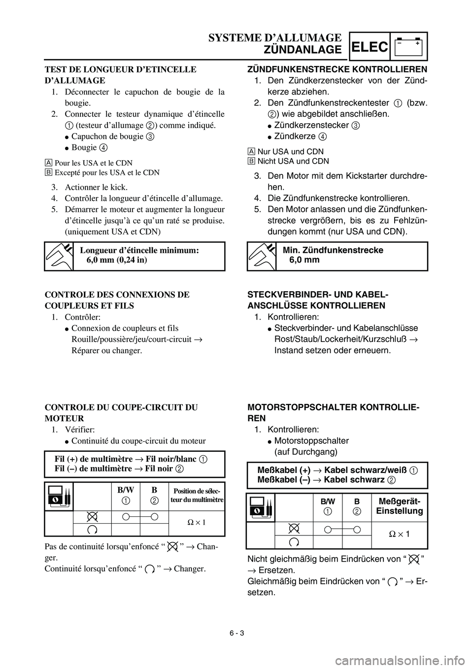 YAMAHA TTR90 2003  Notices Demploi (in French) –+ELEC
SYSTEME D’ALLUMAGE
ZÜNDANLAGE
ZÜNDFUNKENSTRECKE KONTROLLIEREN
1. Den Zündkerzenstecker von der Zünd-
kerze abziehen.
2. Den Zündfunkenstreckentester 1 (bzw.
2) wie abgebildet anschlie