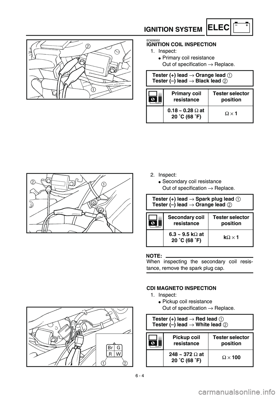 YAMAHA TTR90 2003  Notices Demploi (in French) 6 - 4
–+ELECIGNITION SYSTEM
EC626002
IGNITION COIL INSPECTION
1. Inspect:
Primary coil resistance
Out of specification → Replace.
Tester (+) lead → Orange lead 1 
Tester (–) lead → Black le