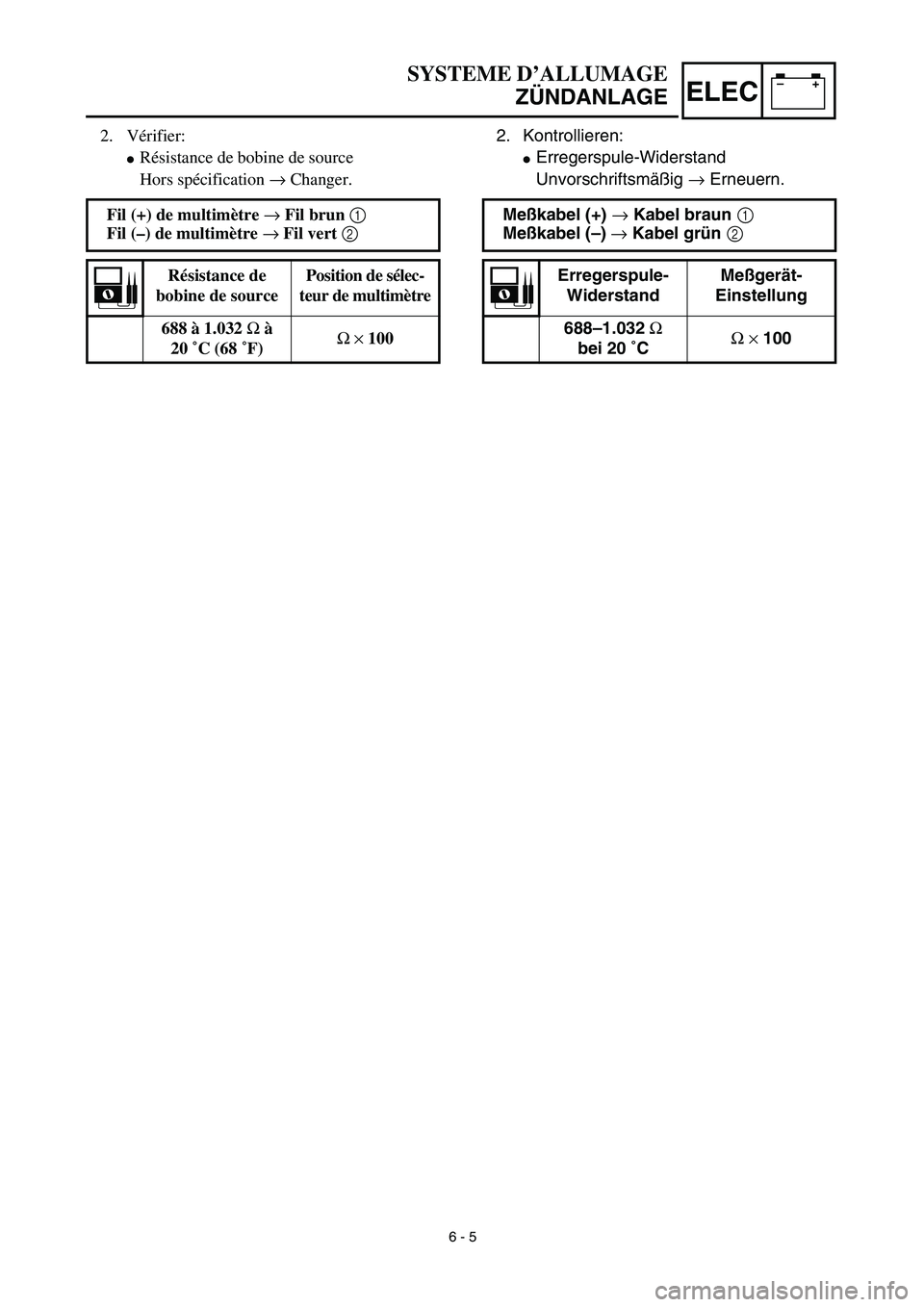 YAMAHA TTR90 2003  Notices Demploi (in French) –+ELEC
SYSTEME D’ALLUMAGE
ZÜNDANLAGE
2. Kontrollieren:
Erregerspule-Widerstand
Unvorschriftsmäßig → Erneuern.
Meßkabel (+) → Kabel braun 1 
Meßkabel (–) → Kabel grün 2 
Erregerspule