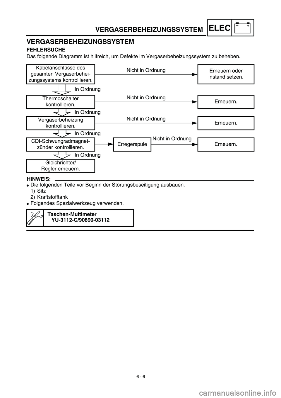 YAMAHA TTR90 2003  Notices Demploi (in French) –+ELECVERGASERBEHEIZUNGSSYSTEM
VERGASERBEHEIZUNGSSYSTEM
FEHLERSUCHE
Das folgende Diagramm ist hilfreich, um Defekte im Vergaserbeheizungssystem zu beheben.
HINWEIS:
Die folgenden Teile vor Beginn d