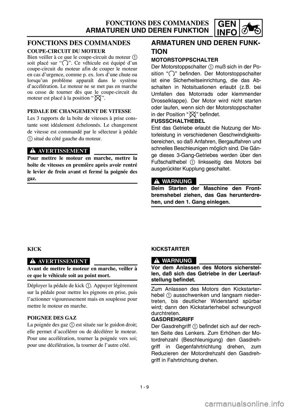 YAMAHA TTR90 2003 Notices Demploi (in French) GEN
INFOFONCTIONS DES COMMANDES
ARMATUREN UND DEREN FUNKTION
ARMATUREN UND DEREN FUNK-
TION
MOTORSTOPPSCHALTER
Der Motorstoppschalter 1 muß sich in der Po-
sition “” befinden. Der Motorstoppschal YAMAHA TTR90 2003 Notices Demploi (in French) GEN
INFOFONCTIONS DES COMMANDES
ARMATUREN UND DEREN FUNKTION
ARMATUREN UND DEREN FUNK-
TION
MOTORSTOPPSCHALTER
Der Motorstoppschalter 1 muß sich in der Po-
sition “” befinden. Der Motorstoppschal