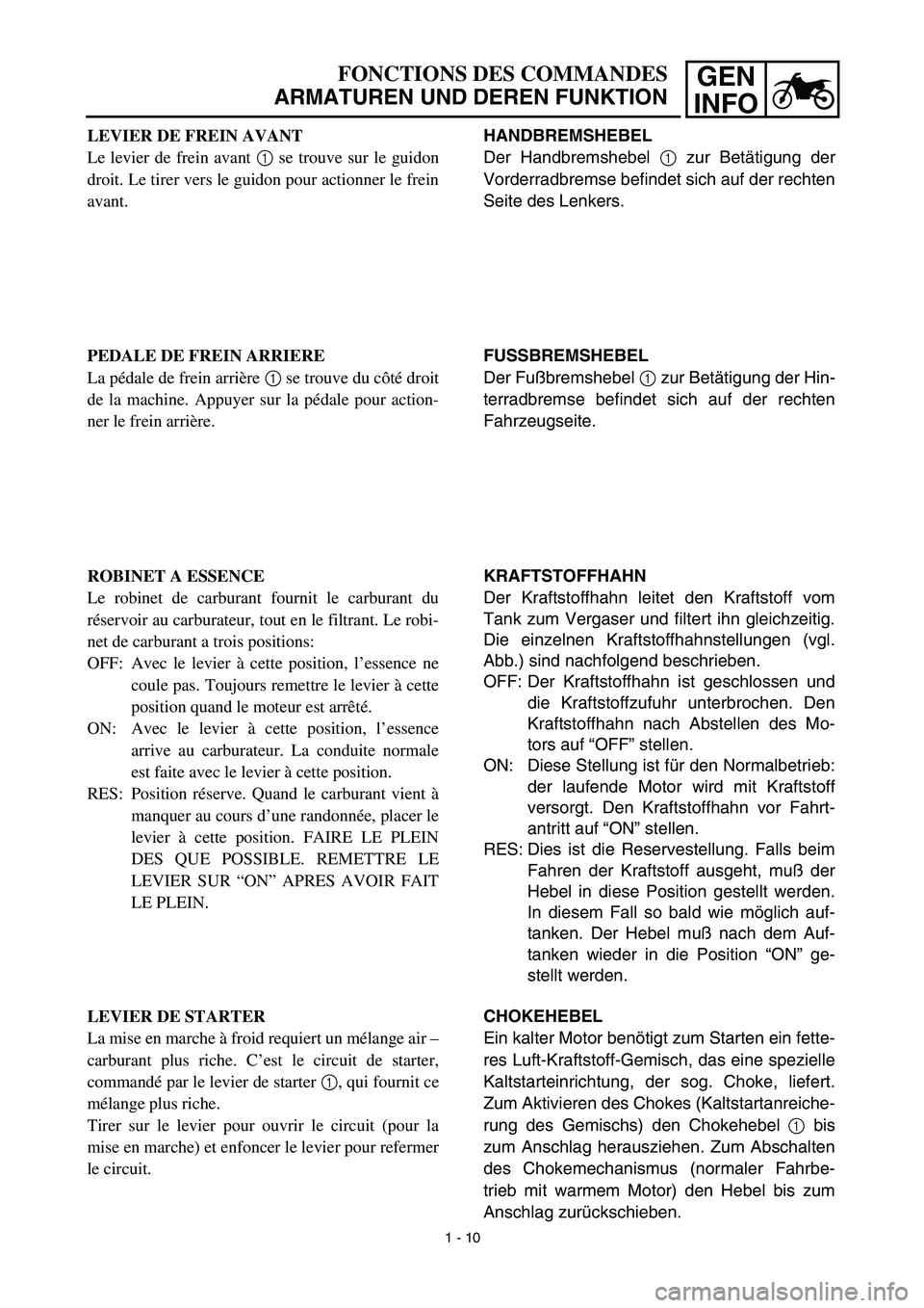 YAMAHA TTR90 2003  Betriebsanleitungen (in German) GEN
INFOFONCTIONS DES COMMANDES
ARMATUREN UND DEREN FUNKTION
HANDBREMSHEBEL
Der Handbremshebel 1 zur Betätigung der
Vorderradbremse befindet sich auf der rechten
Seite des Lenkers.
FUSSBREMSHEBEL
Der