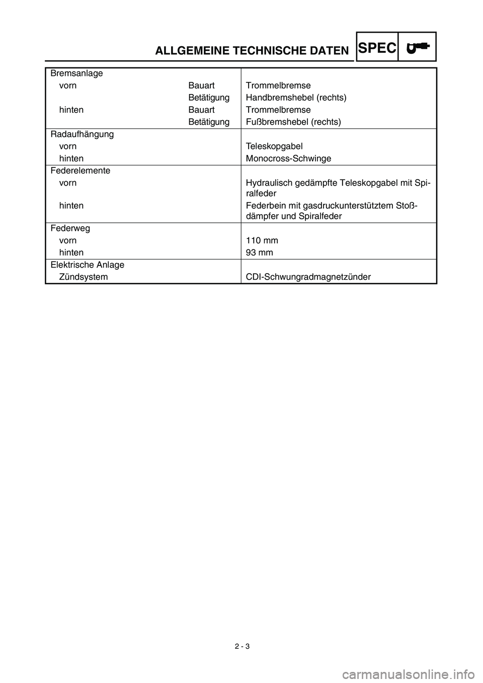 YAMAHA TTR90 2003  Notices Demploi (in French) 2 - 3
ALLGEMEINE TECHNISCHE DATENSPEC
Bremsanlage
vorn Bauart Trommelbremse
Betätigung Handbremshebel (rechts)
hinten Bauart Trommelbremse
Betätigung Fußbremshebel (rechts)
Radaufhängung
vorn Tele