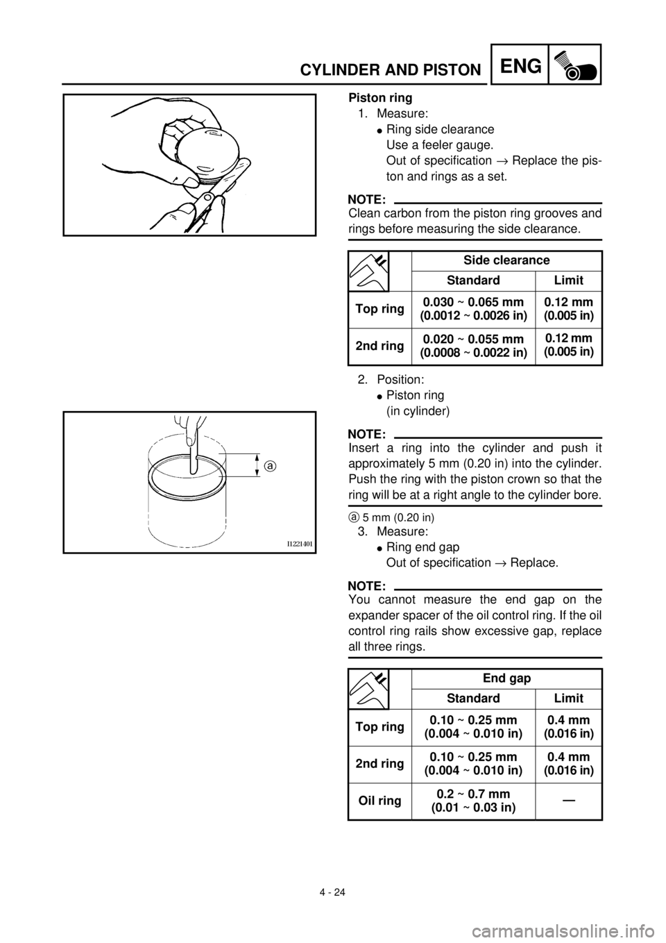 YAMAHA TTR90 2002  Betriebsanleitungen (in German) 4 - 24
ENGCYLINDER AND PISTON
Piston ring
1. Measure:
lRing side clearance
Use a feeler gauge. 
Out of specification ® Replace the pis-
ton and rings as a set.
NOTE:
Clean carbon from the piston ring