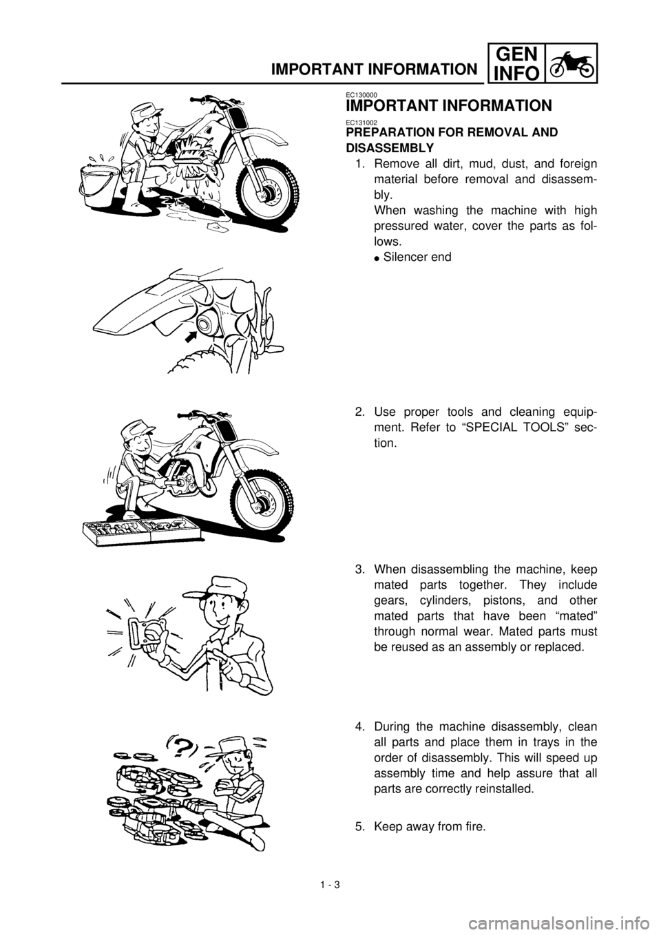 YAMAHA TTR90 2002 Owners Manual 1 - 3
GEN
INFO
IMPORTANT INFORMATION
EC130000
IMPORTANT INFORMATION
EC131002
PREPARATION FOR REMOVAL AND
DISASSEMBLY
1. Remove all dirt, mud, dust, and foreign
material before removal and disassem-
b YAMAHA TTR90 2002 Owners Manual 1 - 3
GEN
INFO
IMPORTANT INFORMATION
EC130000
IMPORTANT INFORMATION
EC131002
PREPARATION FOR REMOVAL AND
DISASSEMBLY
1. Remove all dirt, mud, dust, and foreign
material before removal and disassem-
b