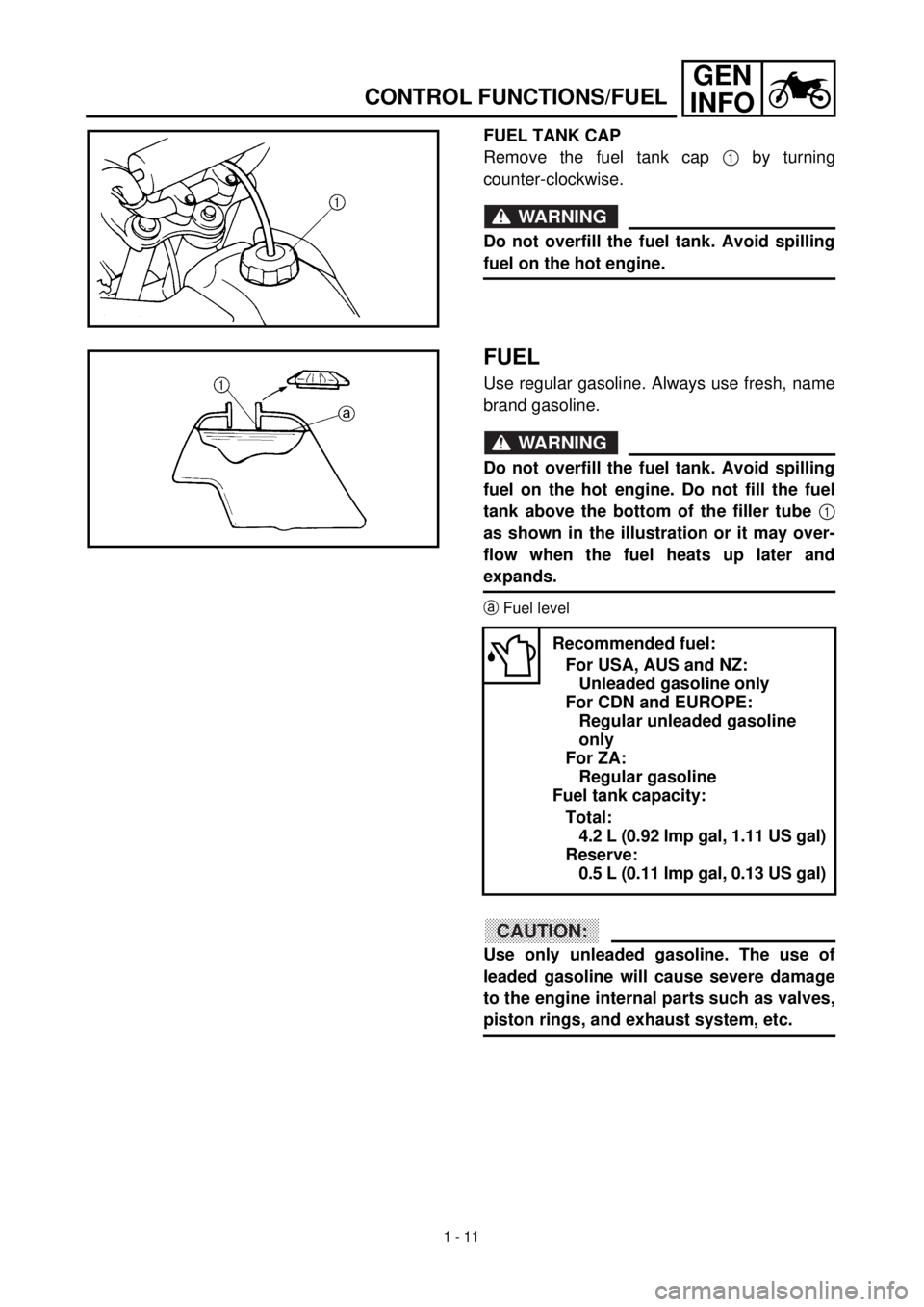 YAMAHA TTR90 2002 Notices Demploi (in French) 1 - 11
GEN
INFO
CONTROL FUNCTIONS/FUEL
FUEL TANK CAP
Remove the fuel tank cap 1 by turning
counter-clockwise.
WARNING
Do not overfill the fuel tank. Avoid spilling
fuel on the hot engine.
FUEL
Use reg YAMAHA TTR90 2002 Notices Demploi (in French) 1 - 11
GEN
INFO
CONTROL FUNCTIONS/FUEL
FUEL TANK CAP
Remove the fuel tank cap 1 by turning
counter-clockwise.
WARNING
Do not overfill the fuel tank. Avoid spilling
fuel on the hot engine.
FUEL
Use reg