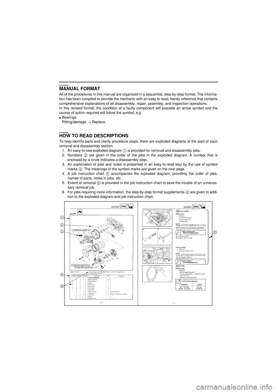 YAMAHA TTR90 2001 User Guide
EC083000
MANUAL FORMAT
All of the procedures in this manual are organized in a sequential, step-by-step format. The informa-
tion has been complied to provide the mechanic with an easy to read, ha YAMAHA TTR90 2001 User Guide
EC083000
MANUAL FORMAT
All of the procedures in this manual are organized in a sequential, step-by-step format. The informa-
tion has been complied to provide the mechanic with an easy to read, ha