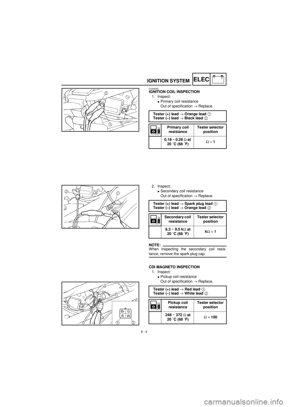 YAMAHA TTR90 2001 Owners Manual
6 - 4
–+ELEC
IGNITION SYSTEM
EC626002
IGNITION COIL INSPECTION
1. Inspect:
l
Primary coil resistance
Out of specification
®
Replace.
Tester (+) lead
®
Orange lead
1
Tes YAMAHA TTR90 2001 Owners Manual
6 - 4
–+ELEC
IGNITION SYSTEM
EC626002
IGNITION COIL INSPECTION
1. Inspect:
l
Primary coil resistance
Out of specification
®
Replace.
Tester (+) lead
®
Orange lead
1
Tes