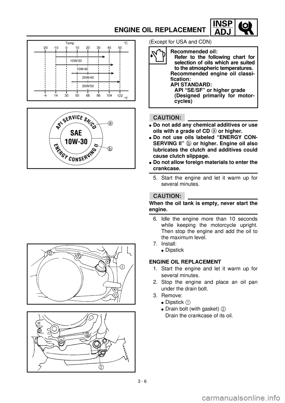 YAMAHA TTR90 2000  Owners Manual  
3 - 6
INSP
ADJ
 
ENGINE OIL REPLACEMENT 
(Except for USA and CDN)
CAUTION:
 
l 
Do not add any chemical additives or use
oils with a grade of CD  
a or higher.
lDo not use oils labeled “ENERGY CON