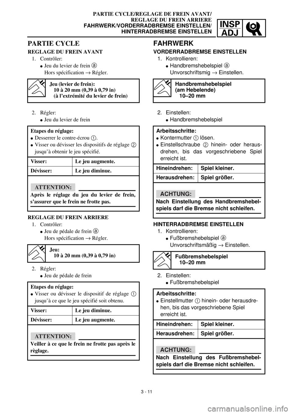 YAMAHA TTR90 2000 Owners Manual INSP
ADJ
PARTIE CYCLE/REGLAGE DE FREIN AVANT/
REGLAGE DU FREIN ARRIERE
FAHRWERK/VORDERRADBREMSE EINSTELLEN/
HINTERRADBREMSE EINSTELLEN
FAHRWERK
VORDERRADBREMSE EINSTELLEN
1. Kontrollieren:
lHandbremsh YAMAHA TTR90 2000 Owners Manual INSP
ADJ
PARTIE CYCLE/REGLAGE DE FREIN AVANT/
REGLAGE DU FREIN ARRIERE
FAHRWERK/VORDERRADBREMSE EINSTELLEN/
HINTERRADBREMSE EINSTELLEN
FAHRWERK
VORDERRADBREMSE EINSTELLEN
1. Kontrollieren:
lHandbremsh