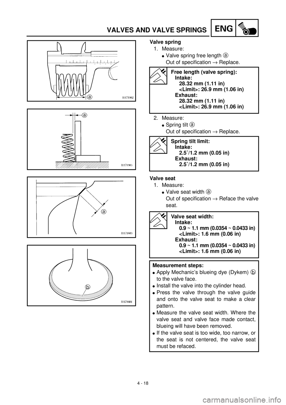 YAMAHA TTR90 2000  Owners Manual 4 - 18
ENGVALVES AND VALVE SPRINGS
Valve spring
1. Measure:
lValve spring free length a 
Out of specification ® Replace.
2. Measure:
lSpring tilt a 
Out of specification ® Replace.
Free length (valv