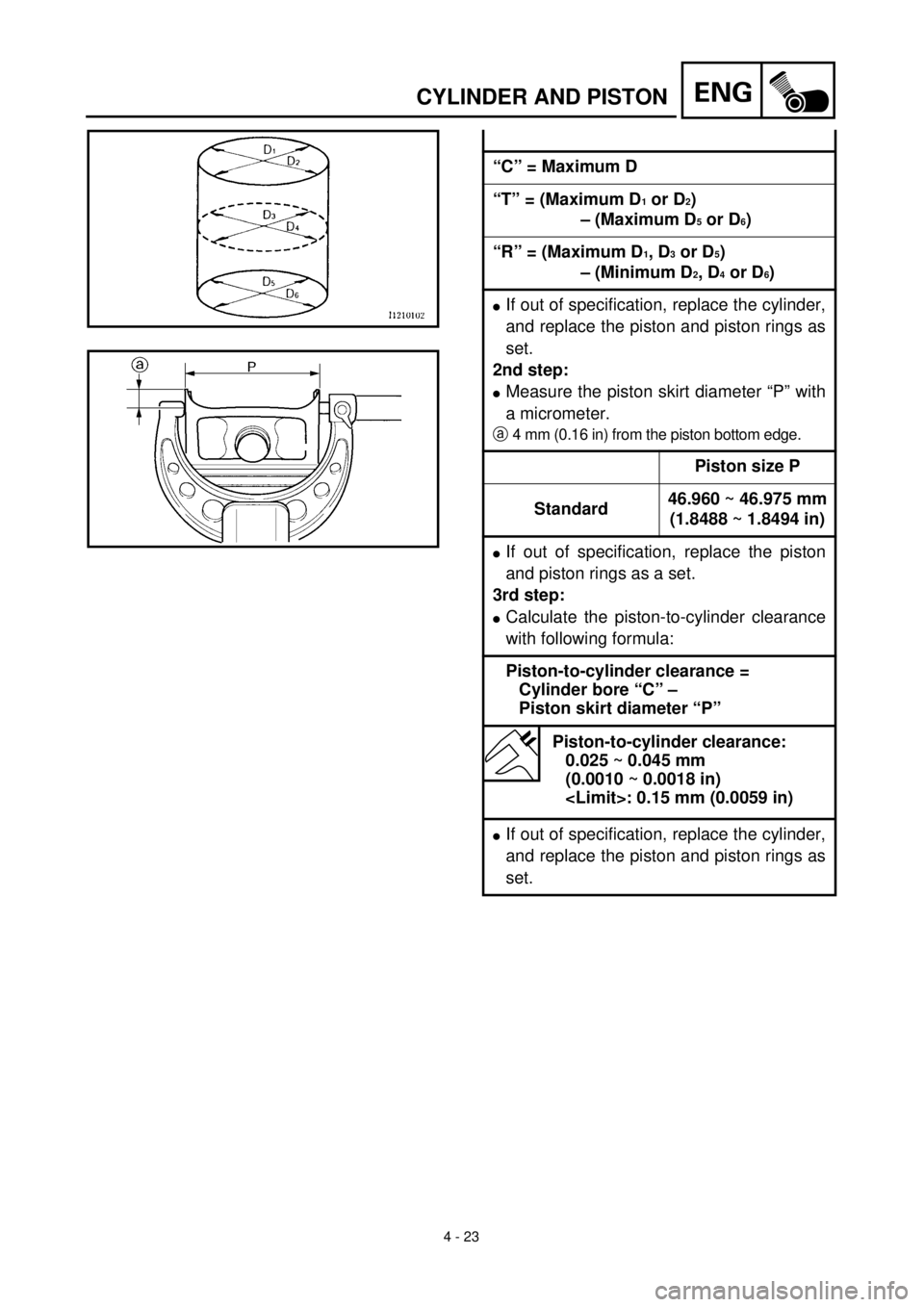 YAMAHA TTR90 2000 Owners Manual 4 - 23
ENGCYLINDER AND PISTON
“C” = Maximum D
“T” = (Maximum D
1 or D2)
– (Maximum D
5 or D6)
“R” = (Maximum D
1, D3 or D5)
– (Minimum D2, D4 or D6)
lIf out of specification, replace YAMAHA TTR90 2000 Owners Manual 4 - 23
ENGCYLINDER AND PISTON
“C” = Maximum D
“T” = (Maximum D
1 or D2)
– (Maximum D
5 or D6)
“R” = (Maximum D
1, D3 or D5)
– (Minimum D2, D4 or D6)
lIf out of specification, replace