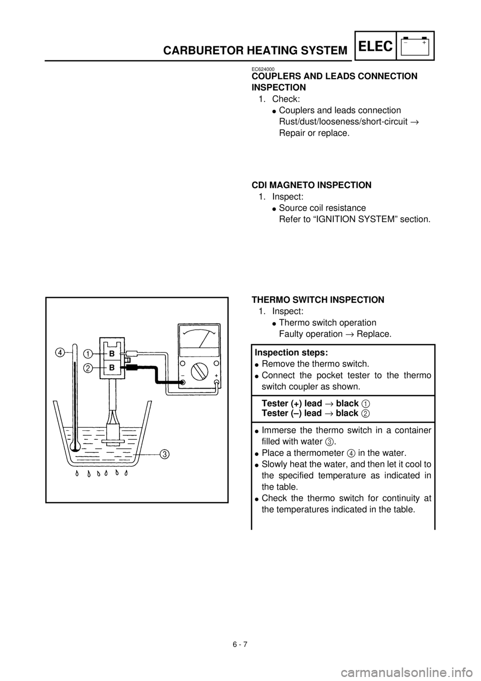 YAMAHA TTR90 2000 Owners Manual 6 - 7
–+ELECCARBURETOR HEATING SYSTEM
EC624000
COUPLERS AND LEADS CONNECTION
INSPECTION
1. Check:
lCouplers and leads connection
Rust/dust/looseness/short-circuit ®
Repair or replace.
CDI MAGNETO YAMAHA TTR90 2000 Owners Manual 6 - 7
–+ELECCARBURETOR HEATING SYSTEM
EC624000
COUPLERS AND LEADS CONNECTION
INSPECTION
1. Check:
lCouplers and leads connection
Rust/dust/looseness/short-circuit ®
Repair or replace.
CDI MAGNETO
