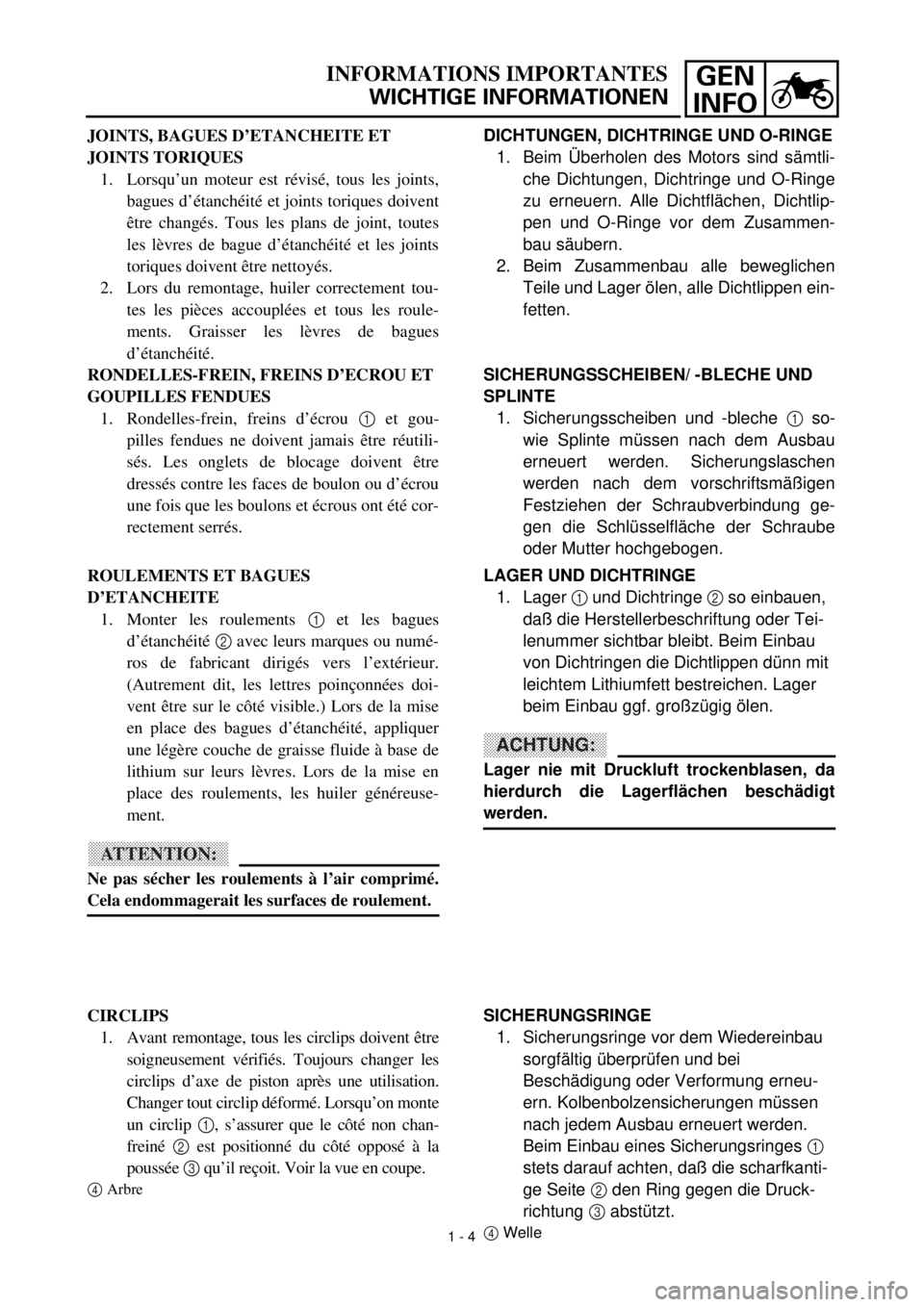YAMAHA TTR90 2000 Owners Guide GEN
INFO
 
INFORMATIONS IMPORTANTES 
WICHTIGE INFORMATIONEN
DICHTUNGEN, DICHTRINGE UND O-RINGE
1. Beim Überholen des Motors sind sämtli-
che Dichtungen, Dichtringe und O-Ringe
zu erneuern. Alle Dich
