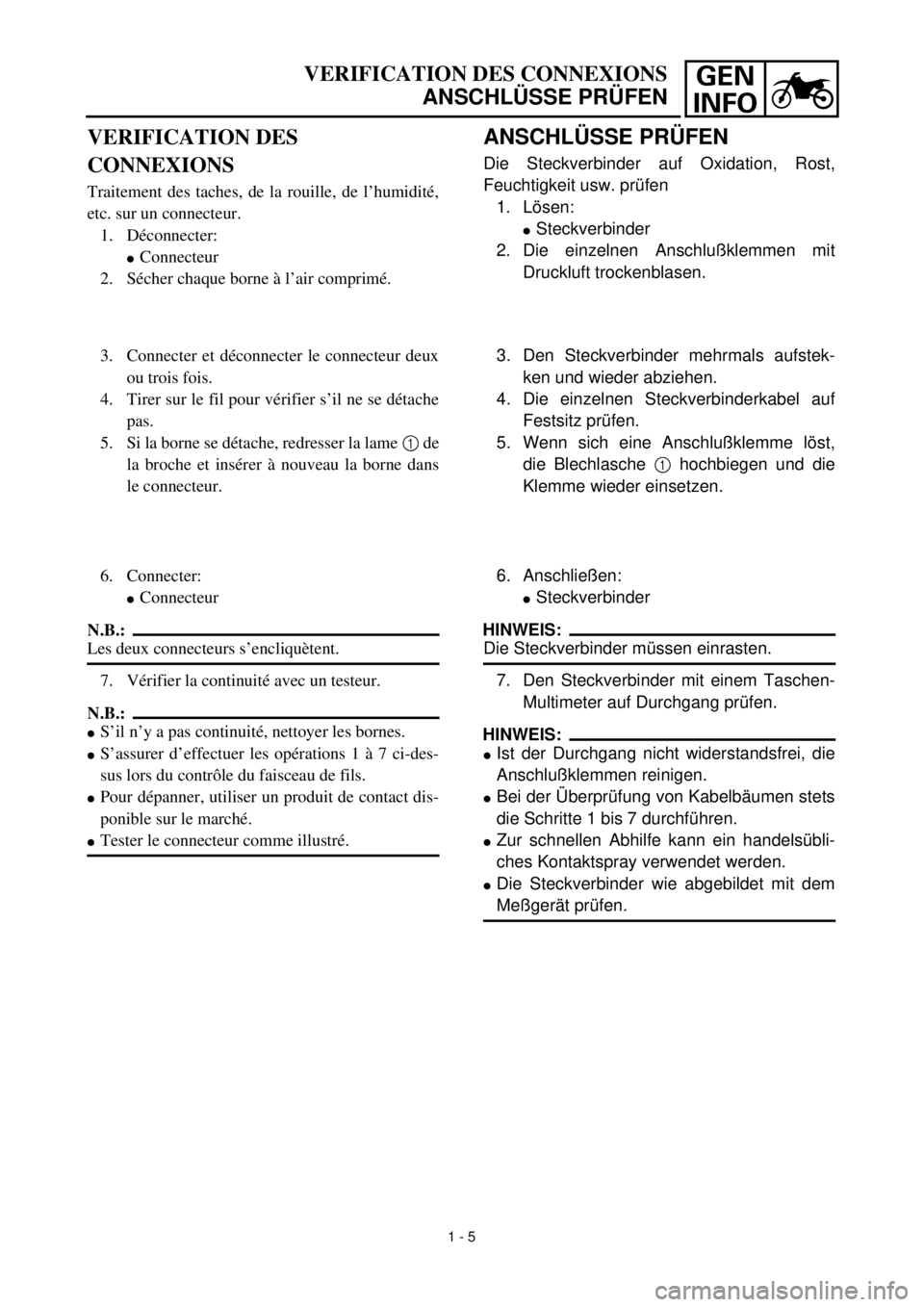 YAMAHA TTR90 2000  Notices Demploi (in French) GEN
INFOVERIFICATION DES CONNEXIONS
ANSCHLÜSSE PRÜFEN
ANSCHLÜSSE PRÜFEN
Die Steckverbinder auf Oxidation, Rost,
Feuchtigkeit usw. prüfen
1. Lösen:
lSteckverbinder
2. Die einzelnen Anschlußklemm