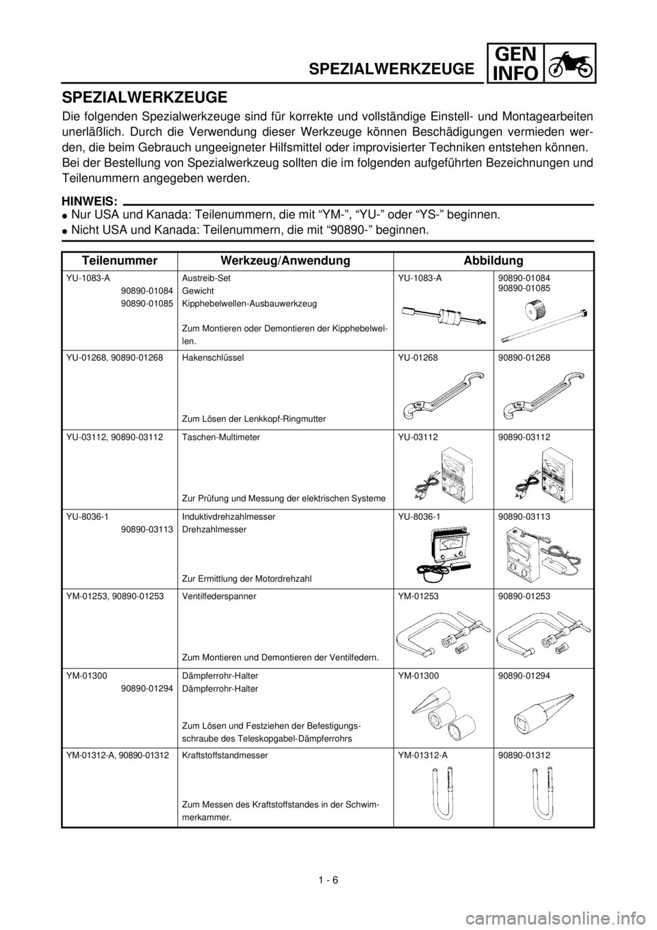 YAMAHA TTR90 2000 Service Manual GEN
INFO
SPEZIALWERKZEUGE
SPEZIALWERKZEUGE
Die folgenden Spezialwerkzeuge sind für korrekte und vollständige Einstell- und Montagearbeiten
unerläßlich. Durch die Verwendung dieser Werkzeuge könne YAMAHA TTR90 2000 Service Manual GEN
INFO
SPEZIALWERKZEUGE
SPEZIALWERKZEUGE
Die folgenden Spezialwerkzeuge sind für korrekte und vollständige Einstell- und Montagearbeiten
unerläßlich. Durch die Verwendung dieser Werkzeuge könne