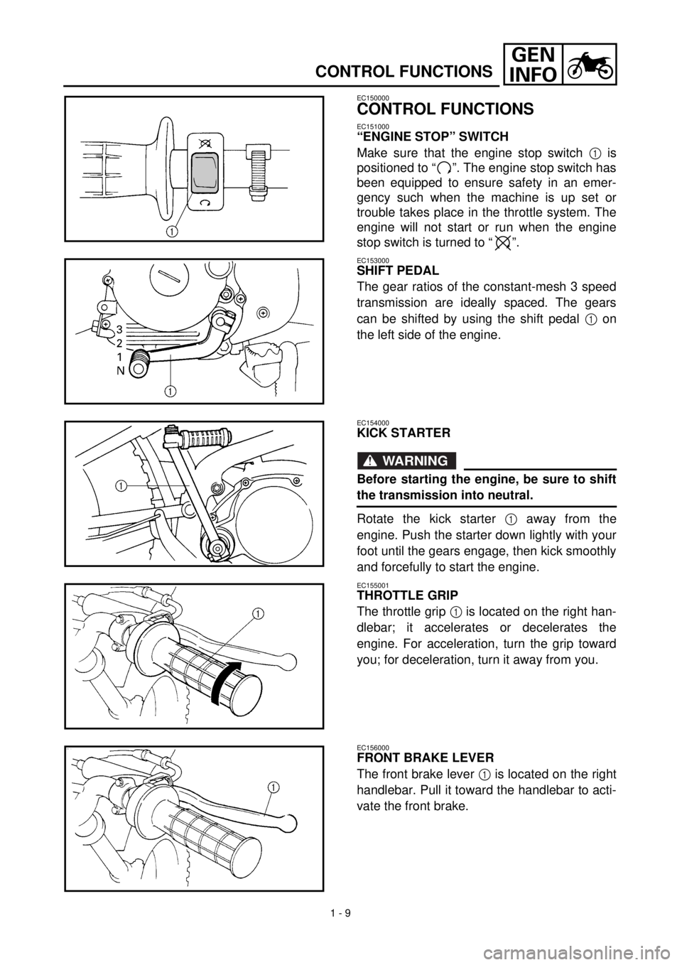 YAMAHA TTR90 2000 Service Manual 1 - 9
GEN
INFO
CONTROL FUNCTIONS
EC150000
CONTROL FUNCTIONS
EC151000
“ENGINE STOP” SWITCH
Make sure that the engine stop switch 1 is
positioned to “ ”. The engine stop switch has
been equipped YAMAHA TTR90 2000 Service Manual 1 - 9
GEN
INFO
CONTROL FUNCTIONS
EC150000
CONTROL FUNCTIONS
EC151000
“ENGINE STOP” SWITCH
Make sure that the engine stop switch 1 is
positioned to “ ”. The engine stop switch has
been equipped