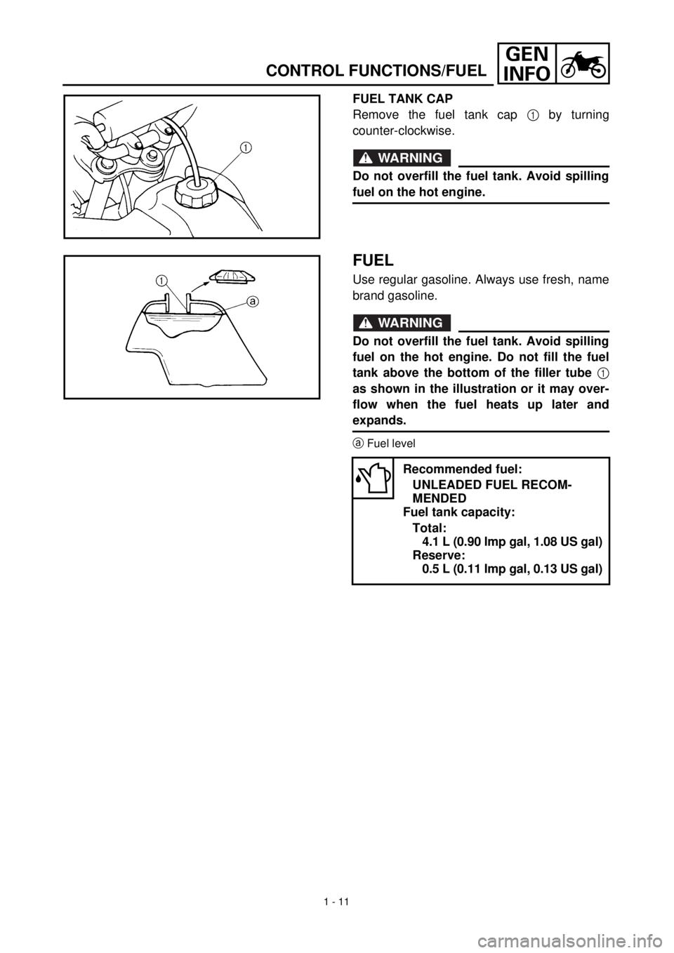 YAMAHA TTR90 2000 Service Manual 1 - 11
GEN
INFO
CONTROL FUNCTIONS/FUEL
FUEL TANK CAP
Remove the fuel tank cap 1 by turning
counter-clockwise.
WARNING
Do not overfill the fuel tank. Avoid spilling
fuel on the hot engine.
FUEL
Use reg YAMAHA TTR90 2000 Service Manual 1 - 11
GEN
INFO
CONTROL FUNCTIONS/FUEL
FUEL TANK CAP
Remove the fuel tank cap 1 by turning
counter-clockwise.
WARNING
Do not overfill the fuel tank. Avoid spilling
fuel on the hot engine.
FUEL
Use reg