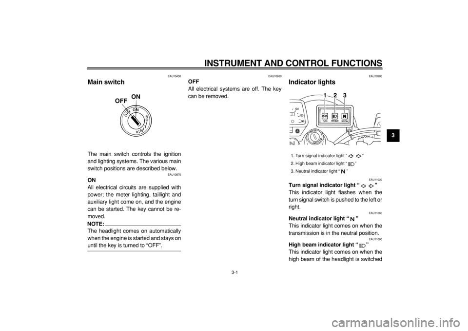YAMAHA TW125 2004  Owners Manual  
INSTRUMENT AND CONTROL FUNCTIONS 
3-1 
2
34
5
6
7
8
9
 
EAU10450 
Main switch  
The main switch controls the ignition
and lighting systems. The various main
switch positions are described below. 
EA