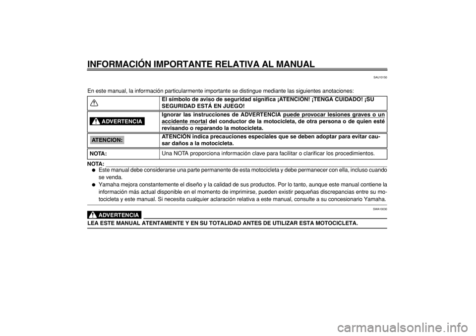 YAMAHA TW125 2004  Manuale de Empleo (in Spanish)  
INFORMACIÓN IMPORTANTE RELATIVA AL MANUAL 
SAU10150 
En este manual, la información particularmente importante se distingue mediante las siguientes anotaciones:
NOTA:
 
 
Este manual debe conside